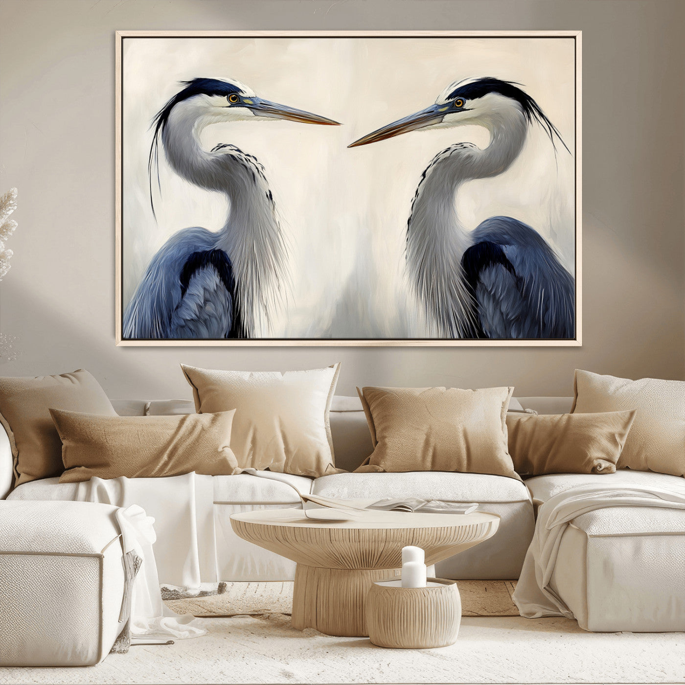 MGV-FC-36X24 - Blue Heron Pair Wall Art Canvas Print, Framed Coastal Bird Theme Art Picture Print, Tranquil Wildlife Scene Perfect Coastal Minimalist Decor Artwork