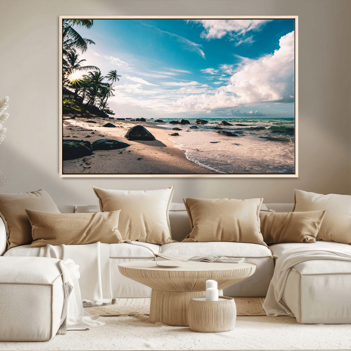 MGV-FC-36X24 - Tropical Beach Wall Art Canvas Print, Framed Ocean Waves Art Picture Print, Relazxing Seascape Perfect Tropical Coastal Decor Artwork