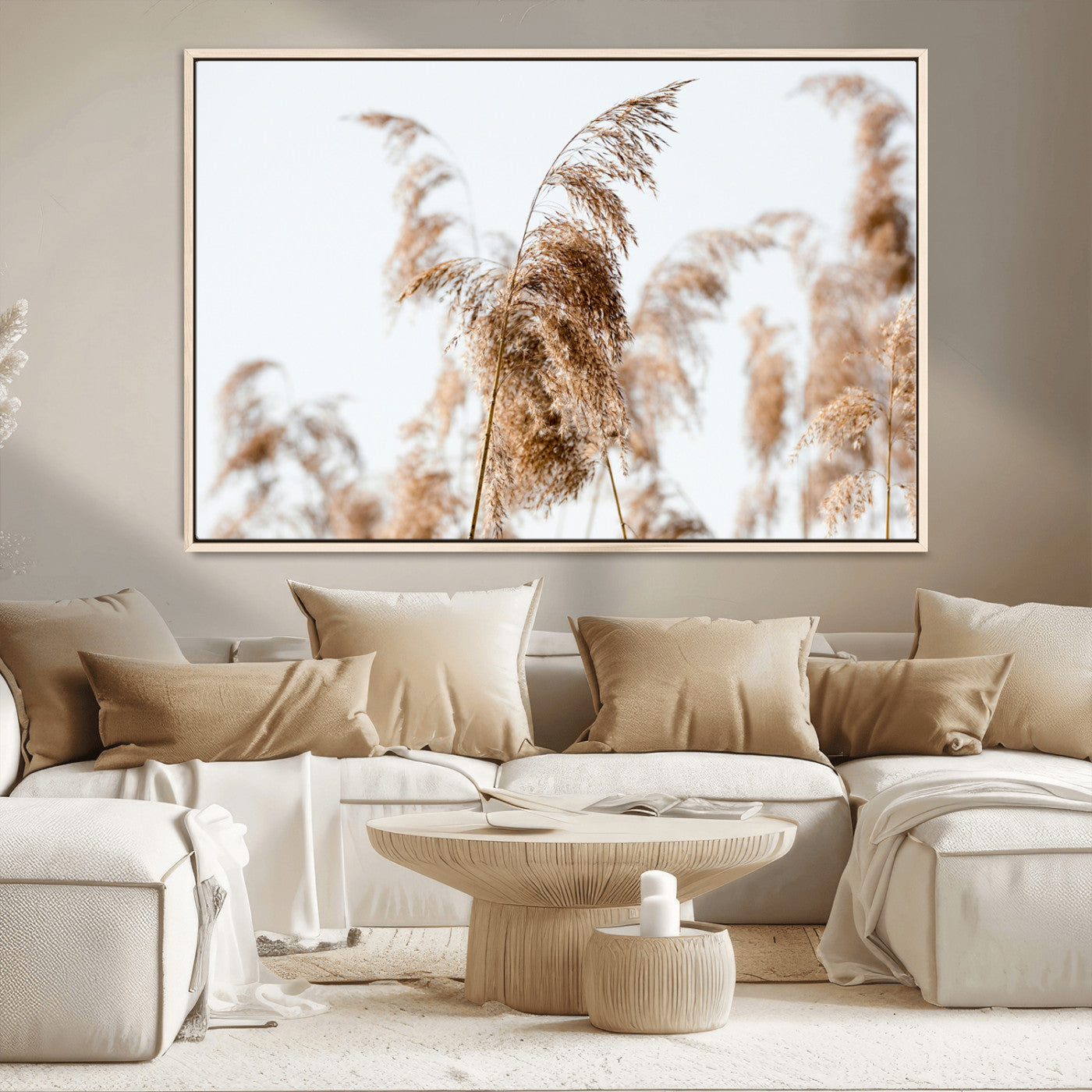 MGV-FC-36X24 - Pampas Grass Wall Art Canvas Print, Framed Neutral Tones Art Picture Print, Minimalist Nature Perfect Boho Decor Artwork