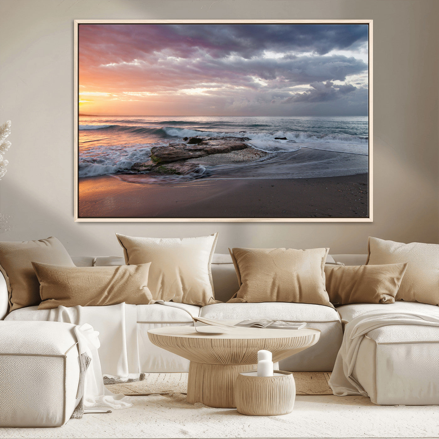 MGV-FC-36X24 - Golden Hour Wall Art Canvas Print, Framed Tranquil Waves Art Picture Print, Beach Perfect Coastal Serenity Decor Artwork