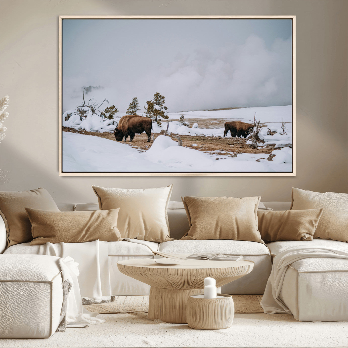 MGV-FC-36X24 - Bison Wildlife Wall Art Canvas Print, Framed Snowy Prairie Art Picture Print, Western Perfect Rustic Decor Artwork
