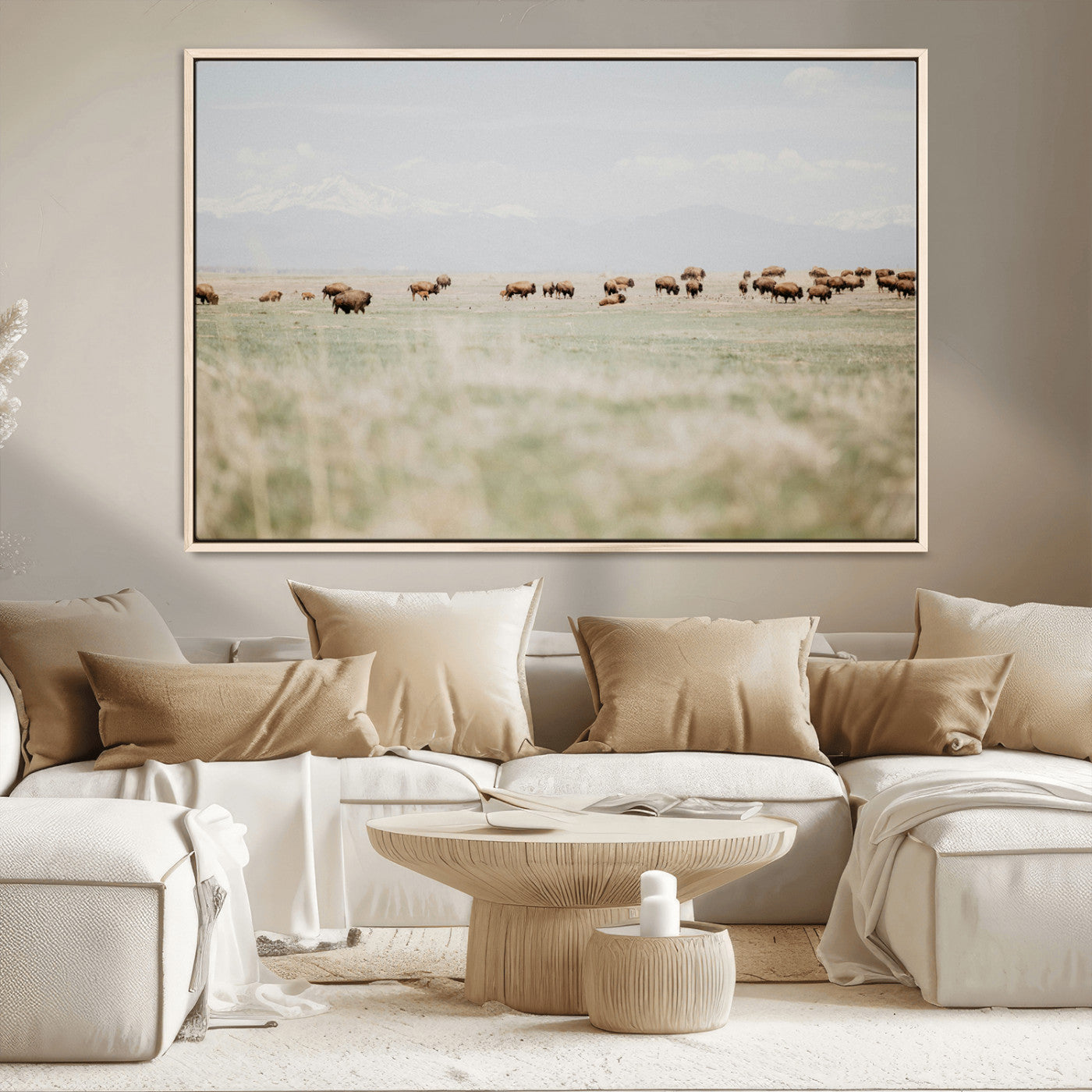 MGV-FC-36X24 - Bison Herd Wall Art Canvas Print, Framed Western Art Picture Print, Bison Perfect Ranch Decor Artwork