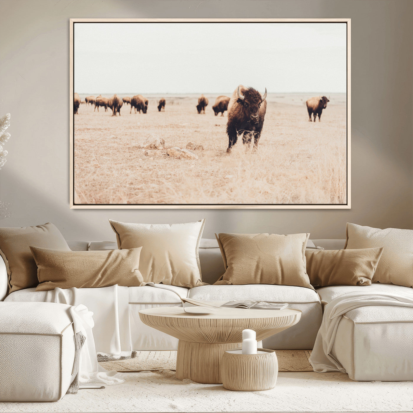 MGV-FC-36X24 - Bison Herd Wall Art Canvas Print, Framed Western Art Picture Print, Prairie Serenity Perfect Ranch Decor Artwork