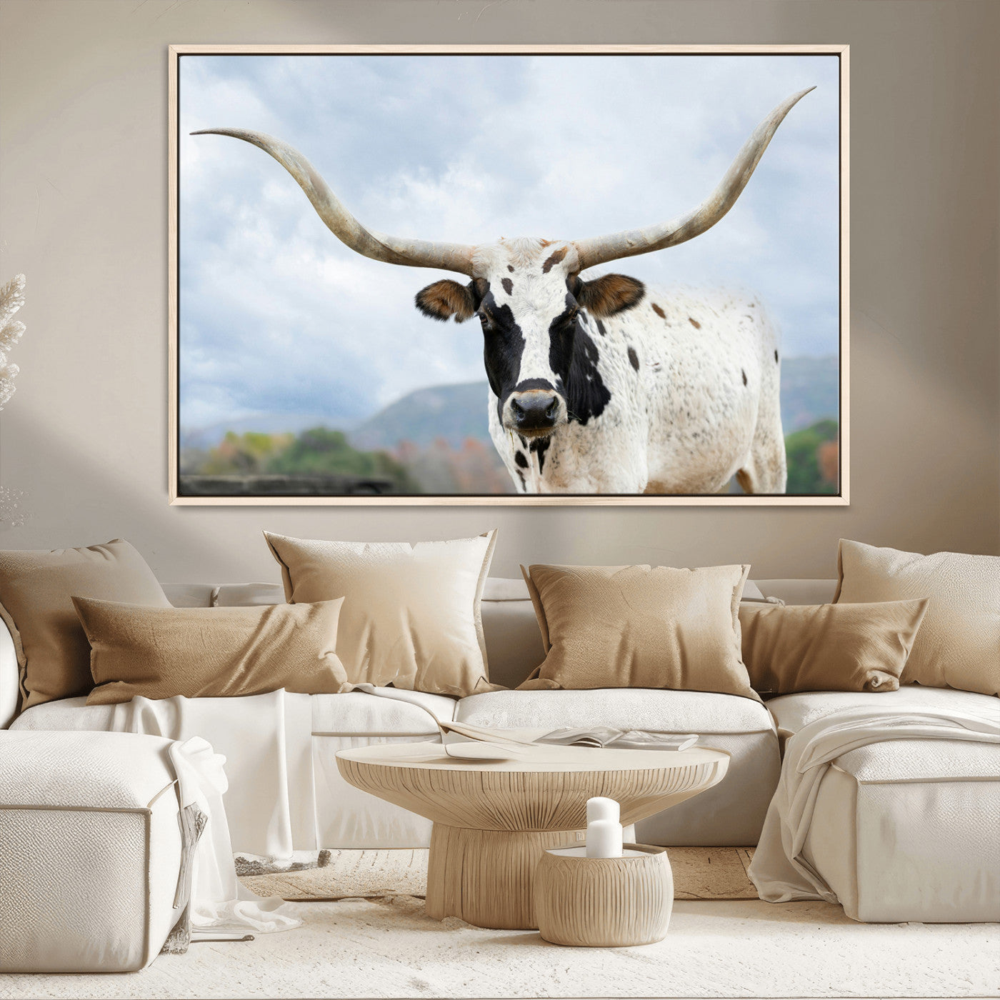 MGV-FC-36X24 - Texas Longhorn Wall Art Canvas Print, Framed Western Rustic Art Picture Print, Farmhouse Decor Perfect Farmhouse Decor Artwork