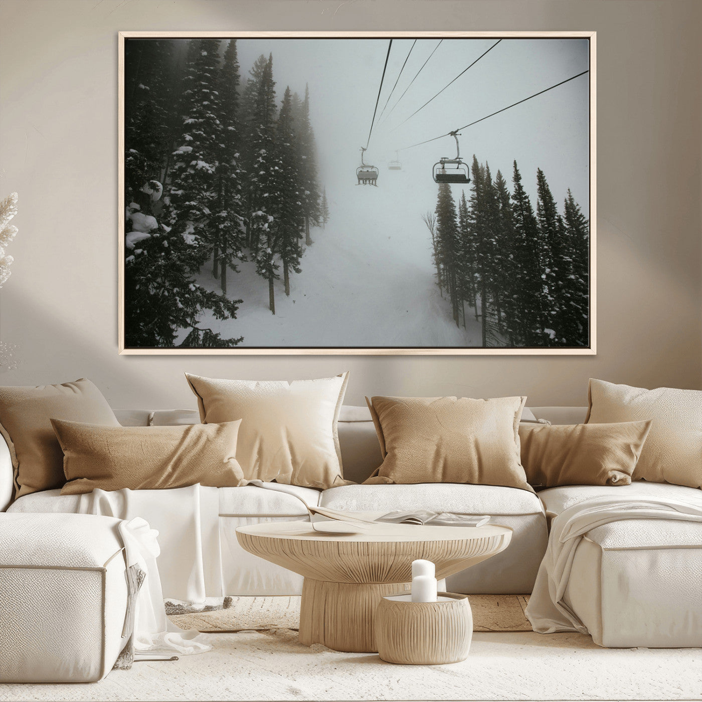 MGV-FC-36X24 - Ski Lift Wall Art Canvas Print, Framed Snowy Pines Art Picture Print, Misty Landscape Perfect Winter Serenity Decor Artwork