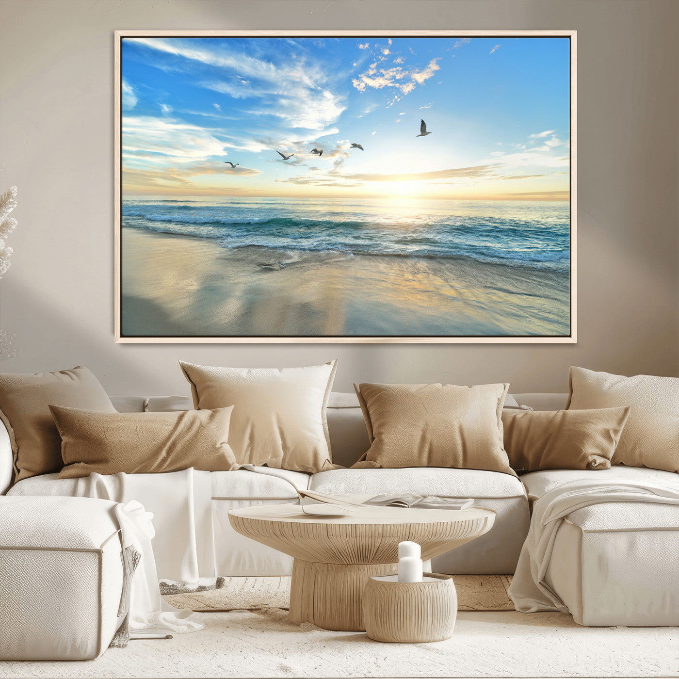 MGV-FC-36X24 - Minimalist Seaside Wall Art Canvas Print, Framed Morning Glow Art Picture Print, Golden Reflections Perfect Coastal Minimalist Decor Artwork