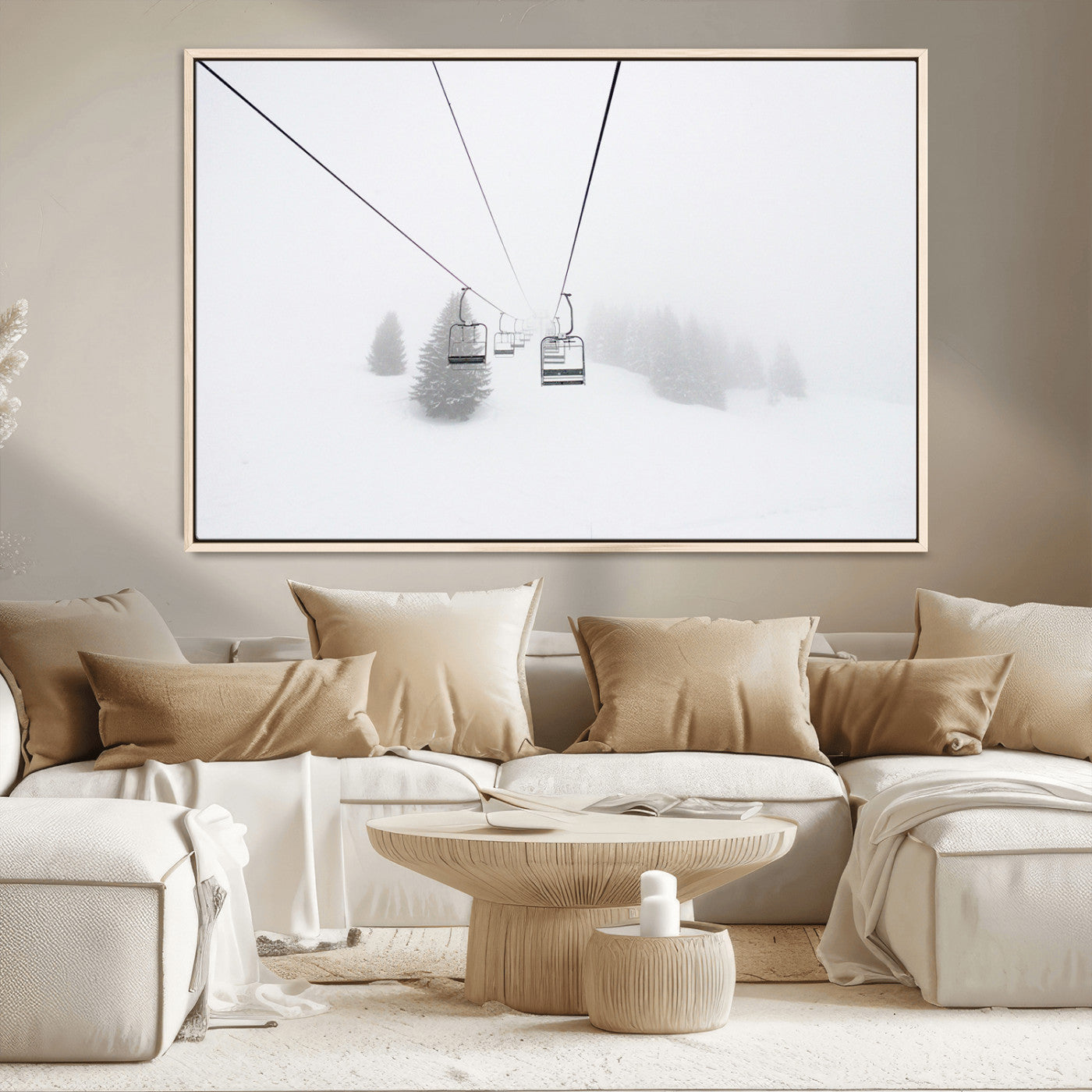 MGV-FC-36X24 - Ski Lift Wall Art Canvas Print, Framed Snowy Landscape Art Picture Print, Alpine Adventure Perfect Nordic Minimalist Decor Artwork