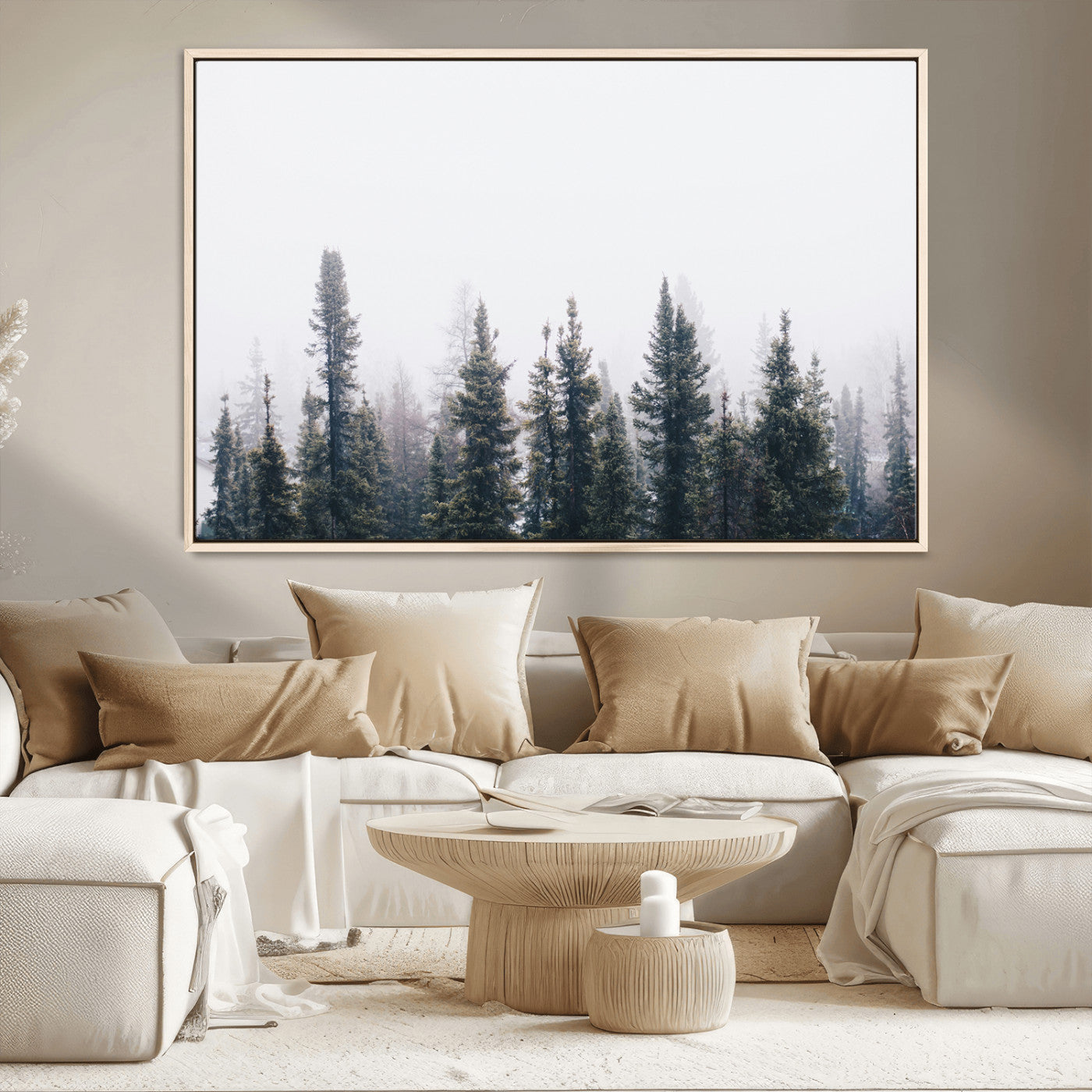 MGV-FC-36X24 - Foggy Forest Wall Art Canvas Print, Framed Misty Pines Art Picture Print, Moody Woodland Perfect Scandinavian Minimalist Decor Artwork