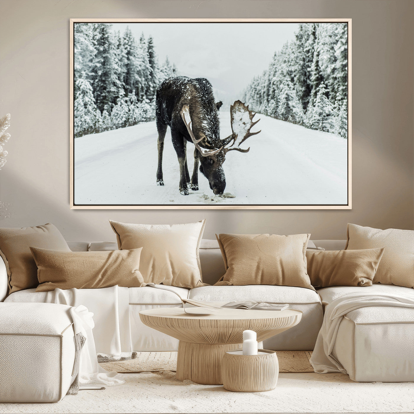 MGV-FC-36X24 - Moose in Snow Wall Art Canvas Print, Framed Winter Wildlife Art Picture Print, Snowy Forest Scene Perfect Rustic Lodge Decor Artwork