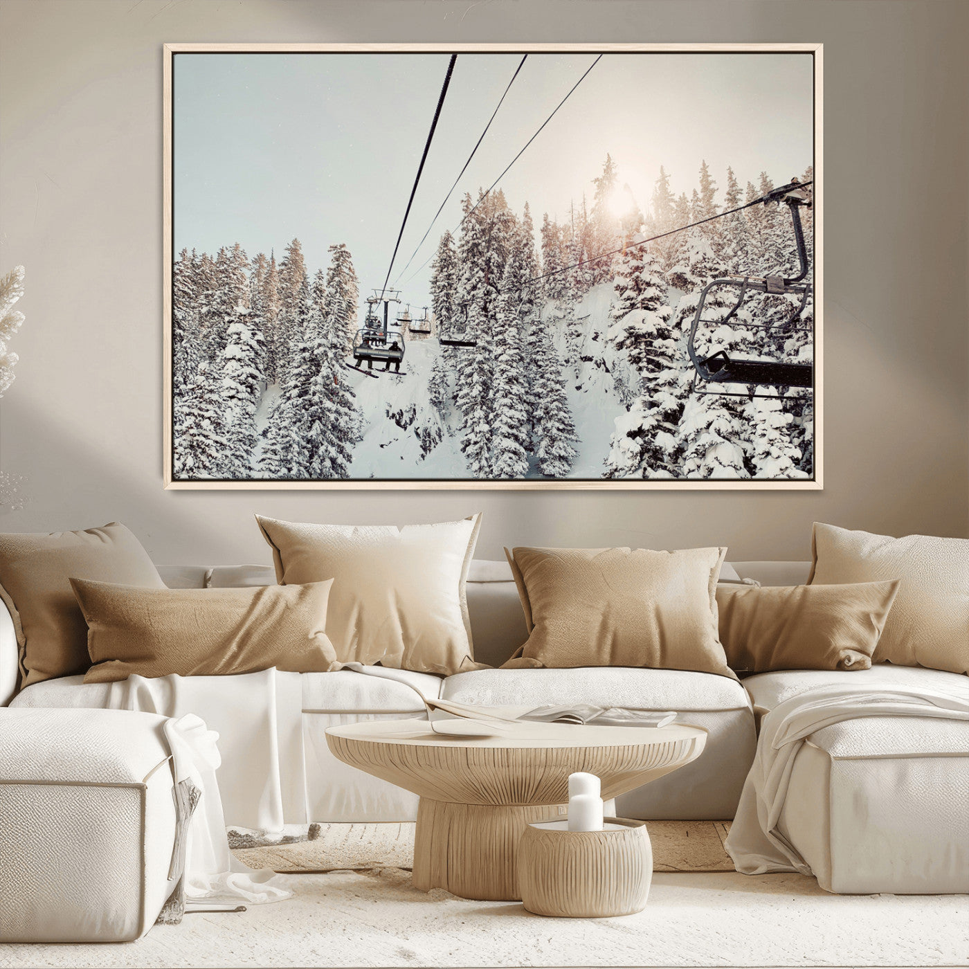 MGV-FC-36X24 - Frosty Pines Wall Art Canvas Print, Framed Cozy Cabin View Art Picture Print, Ski Lift Ride Perfect Rustic Lodge Decor Artwork