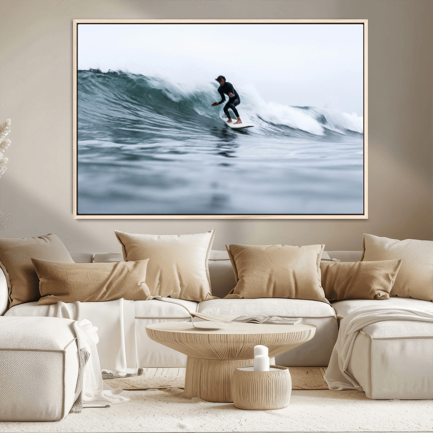 MGV-FC-36X24 - Surfer on Wave Wall Art Canvas Print, Framed Ocean Adventure Art Picture Print, Motion Blur Water Perfect Coastal Adventure Decor Artwork