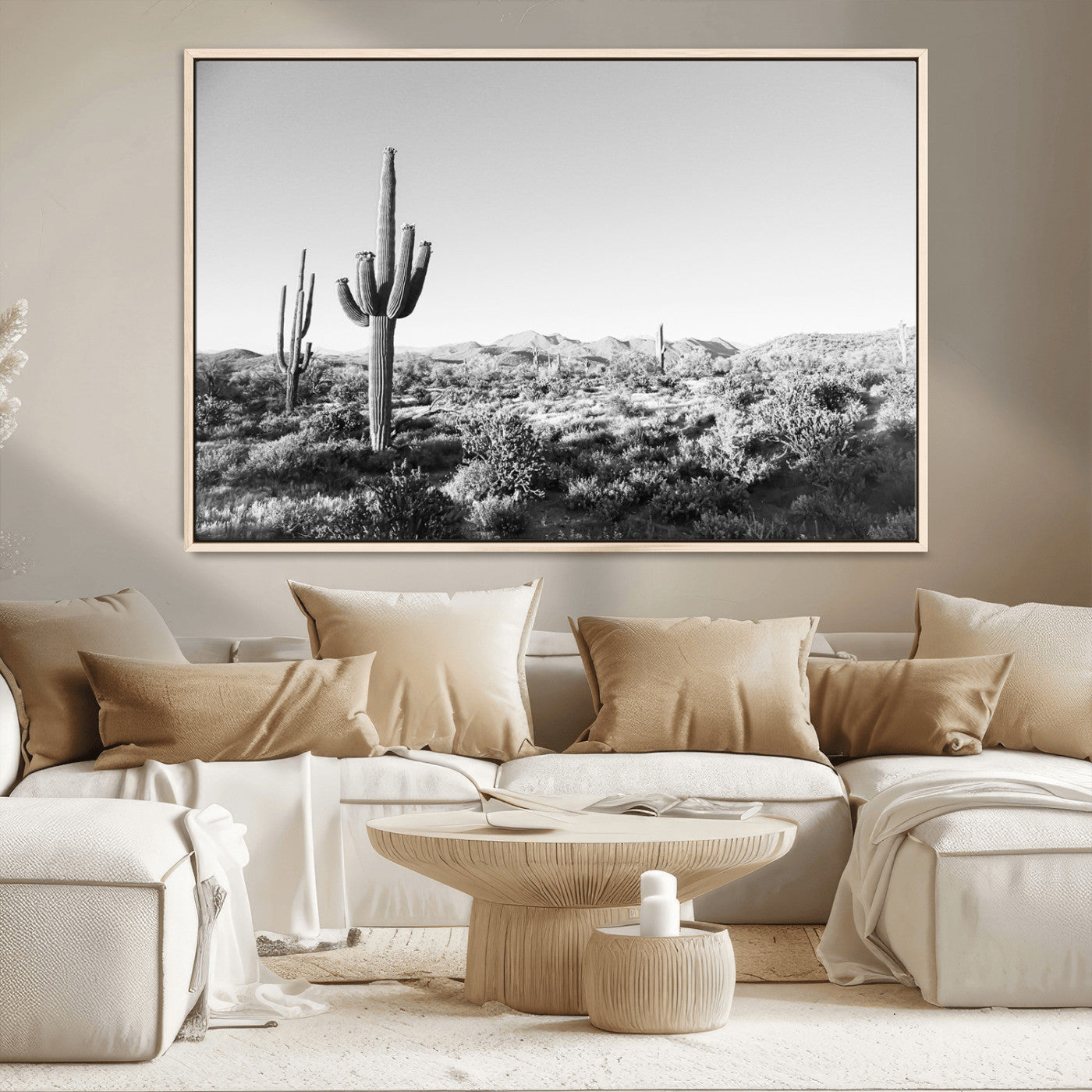 MGV-FC-36X24 - Saguaro Cactus Wall Art Canvas Print, Framed Monochrome Landscape Art Picture Print, Scenic Arizona View Perfect Minimalist Western Decor Artwork