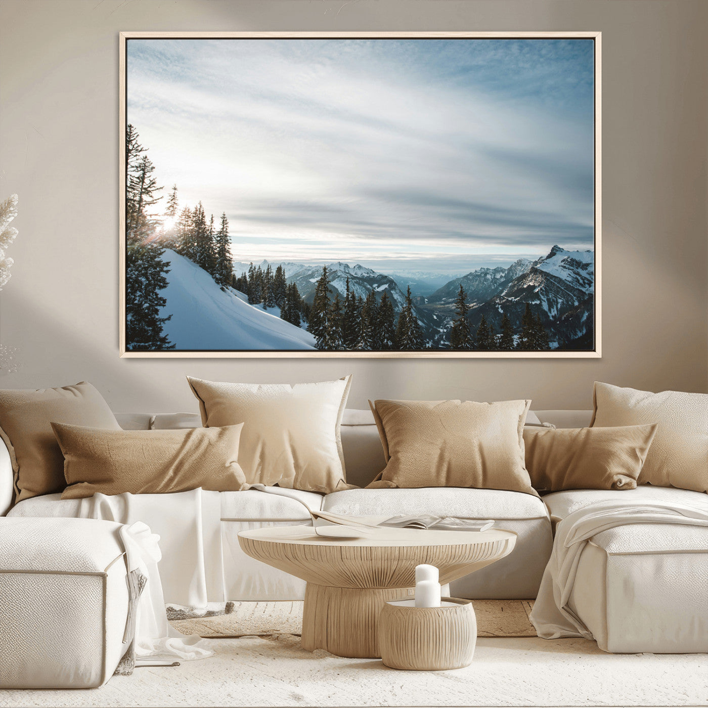 MGV-FC-36X24 - Snowy Mountains Wall Art Canvas Print, Framed Alpine Landscape Art Picture Print, Frosty Peaks Perfect Nordic Minimalist Decor Artwork