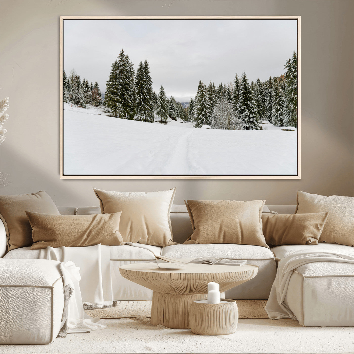 MGV-FC-36X24 - Frosty Pines Wall Art Canvas Print, Framed Silent Snowfall Art Picture Print, Cozy Cabin Vibes Perfect Nordic Minimalist Decor Artwork