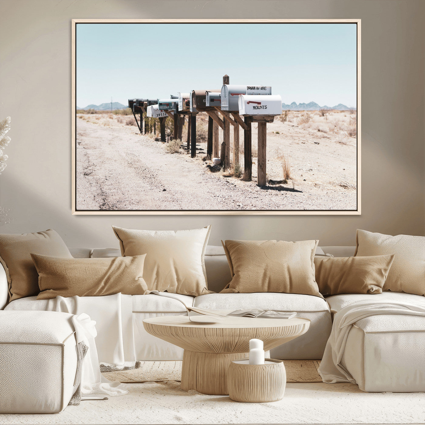 MGV-FC-36X24 - Desert Mailboxes Canvas Print – Minimal Western Landscape Photography, Rustic Americana Wall Art for