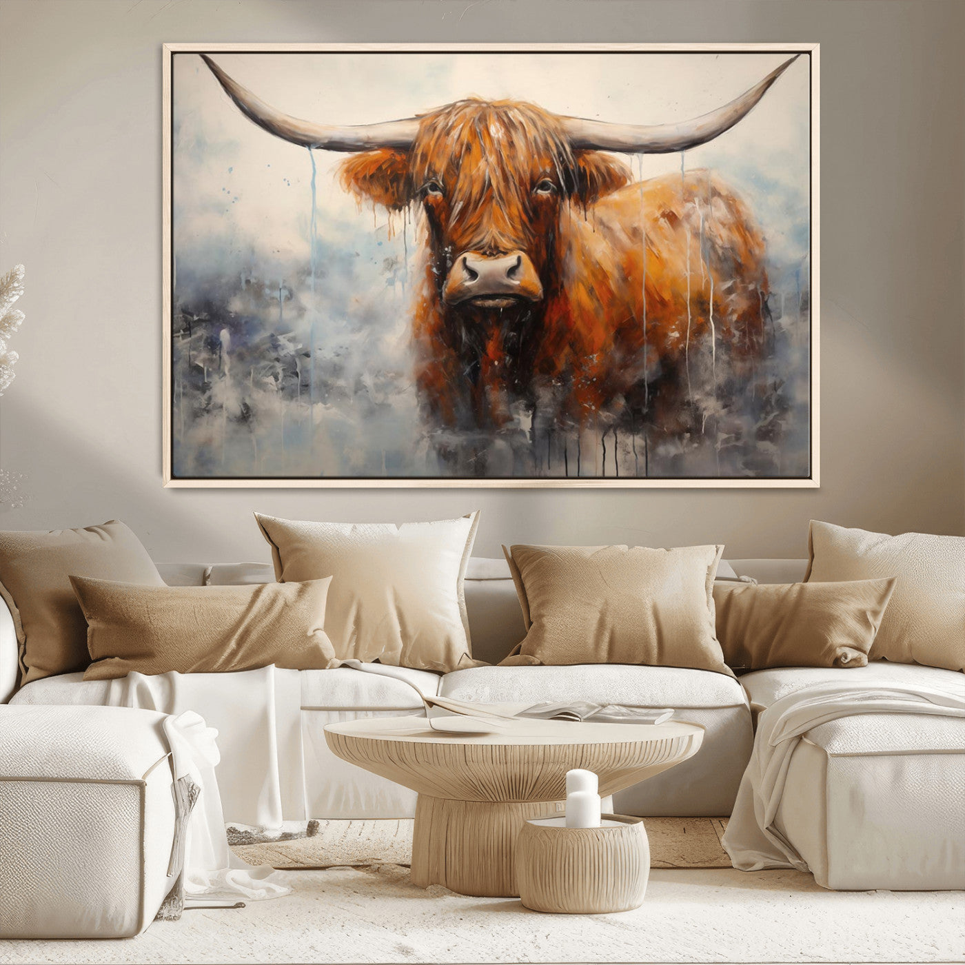 MGV-FC-36X24 - Scottish Highland Wall Art Canvas Print, Framed Longhorn Art Picture Print, Western Cow Perfect Farmhouse Decor Artwork