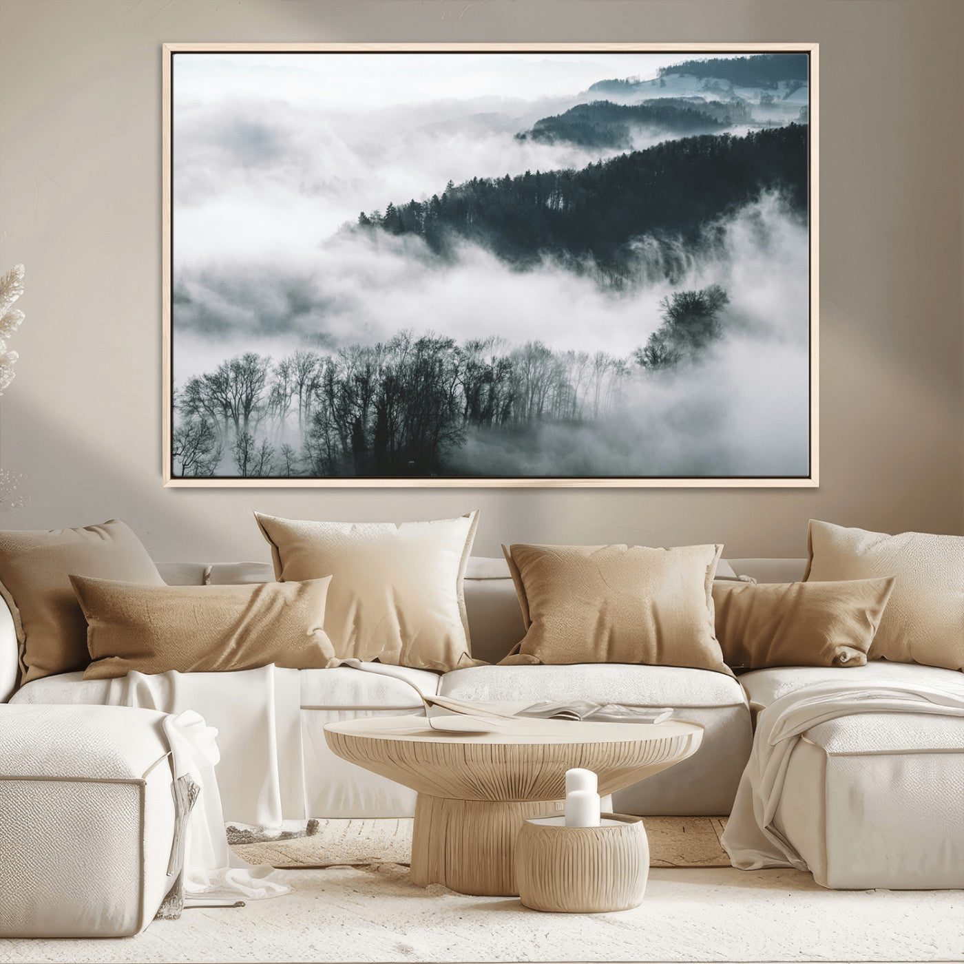 MGV-FC-36X24 - Foggy Forest Landscape Wall Art Canvas Print – Misty Mountain Valley Scene in Monochrome Tones,
