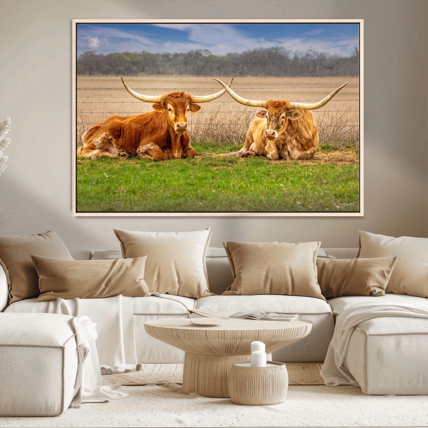 MGV-FC-36X24 - Texas Longhorn Pair Wall Art Canvas Print – Peaceful Rustic Ranch Scene with Two Cattle in Field,