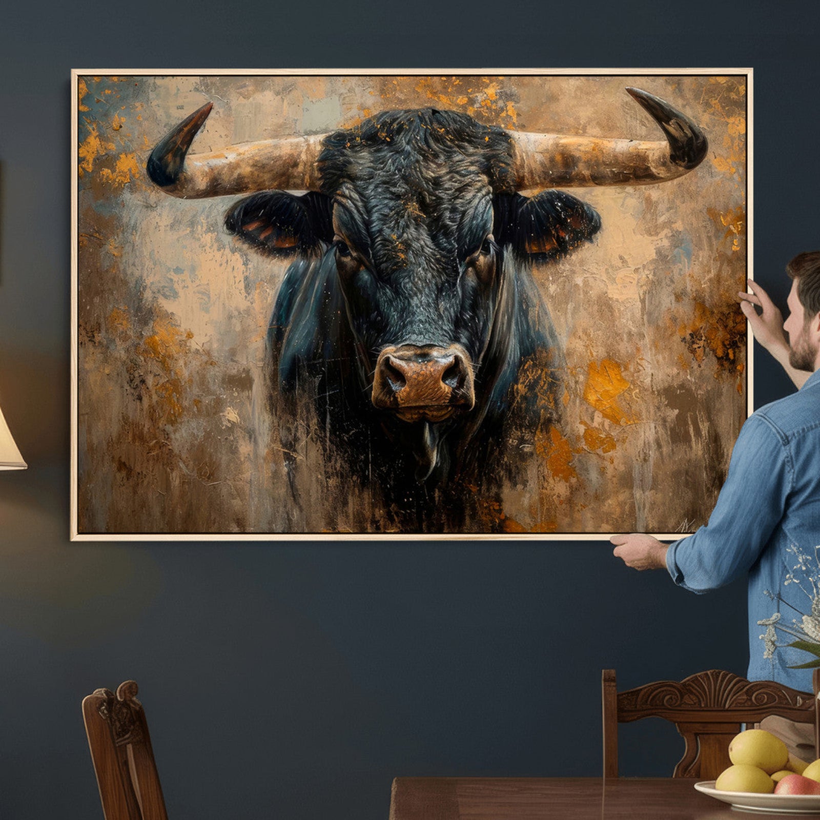 91615410-MGV-CV-36X24 - Abstract Texas Longhorn Bull Wall Art – Rustic Farmhouse Canvas Print, Western Cabin Style Decor, Large Animal Artwork for Living Room or Office