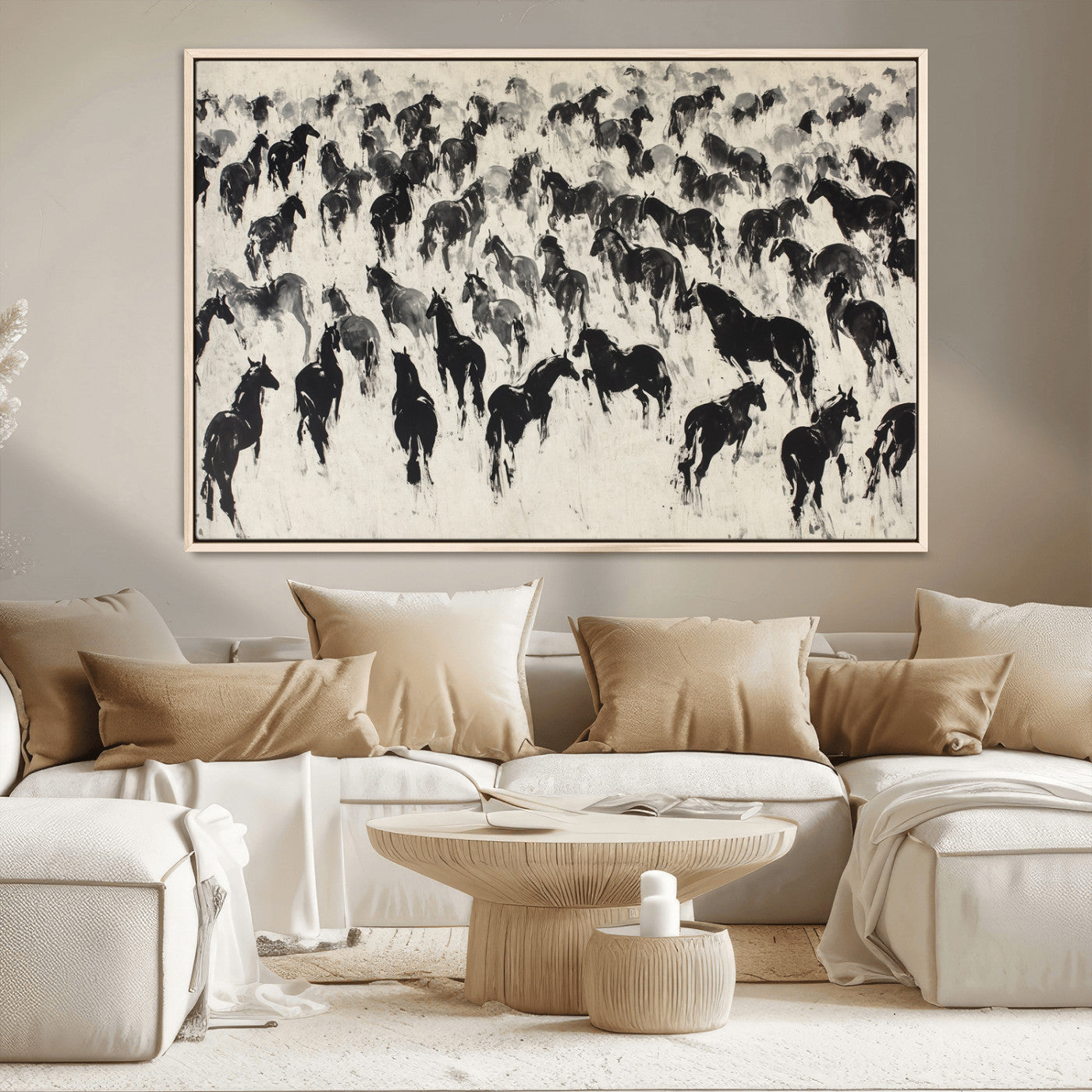 MGV-FC-36X24 - Wild Horse Stampede Wall Art Canvas Print – Monochrome Ink Brush Painting of Running Horses, Perfect
