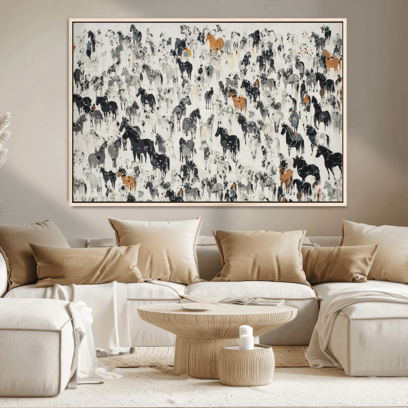 MGV-FC-36X24 - Wild Horse Stampede Wall Art Canvas Print – Monochrome Ink Brush Painting of Running Horses, Perfect