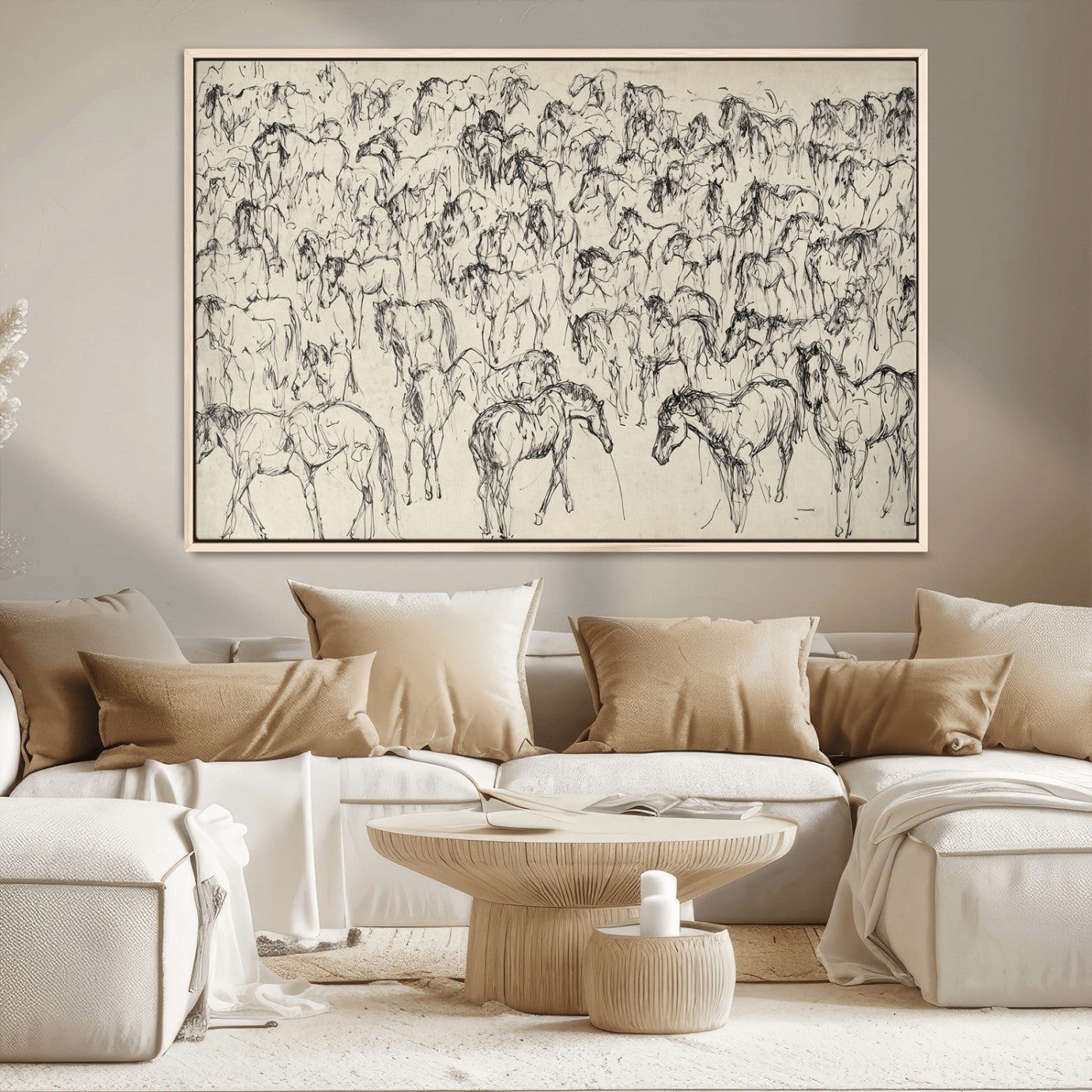 MGV-FC-36X24 - Wild Horse Stampede Wall Art Canvas Print – Monochrome Ink Brush Painting of Running Horses, Perfect