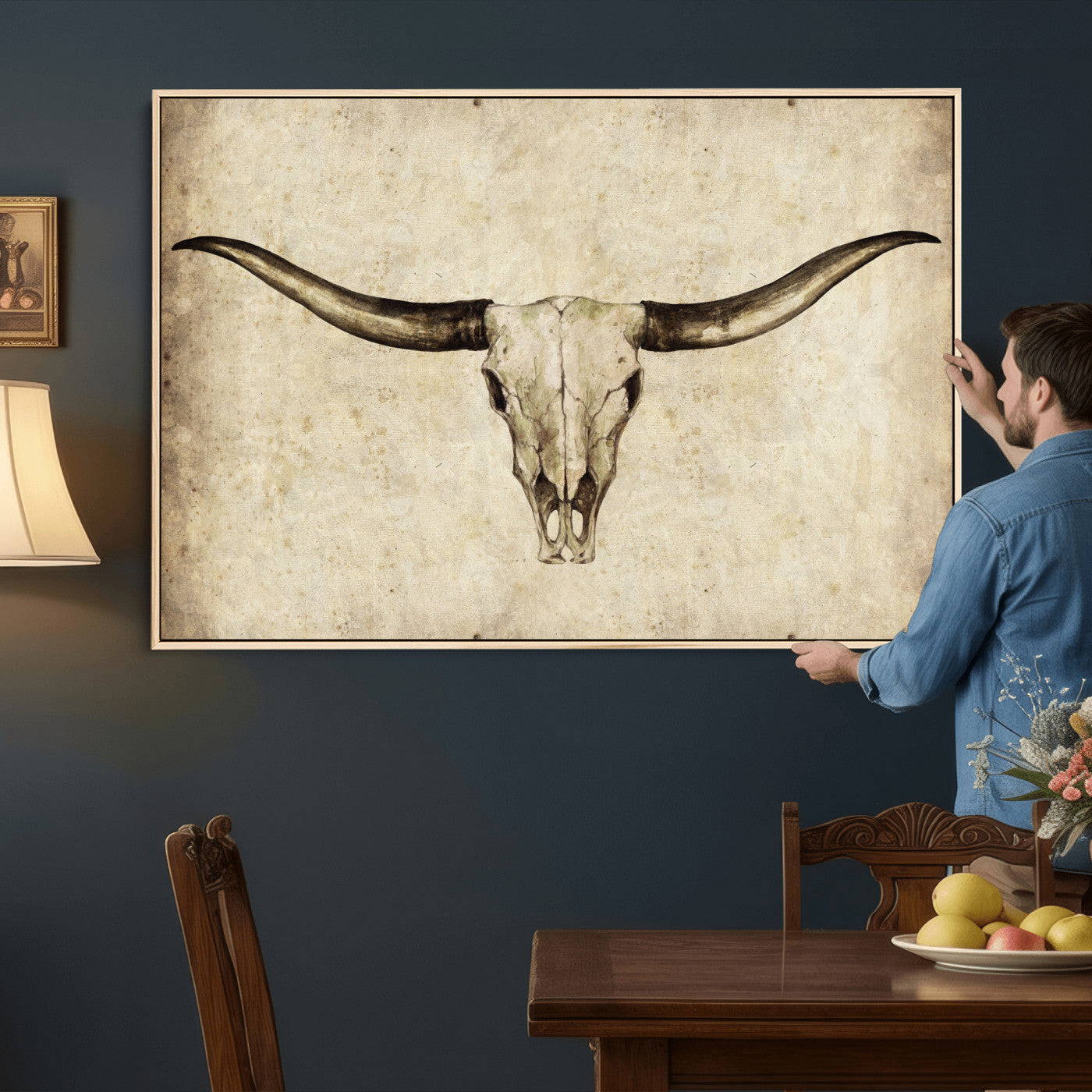 42788678-MGV-CV-36X24 - Longhorn Skull Wall Art Canvas Print – Rustic Western Artwork Print for Living Room Wall Decor