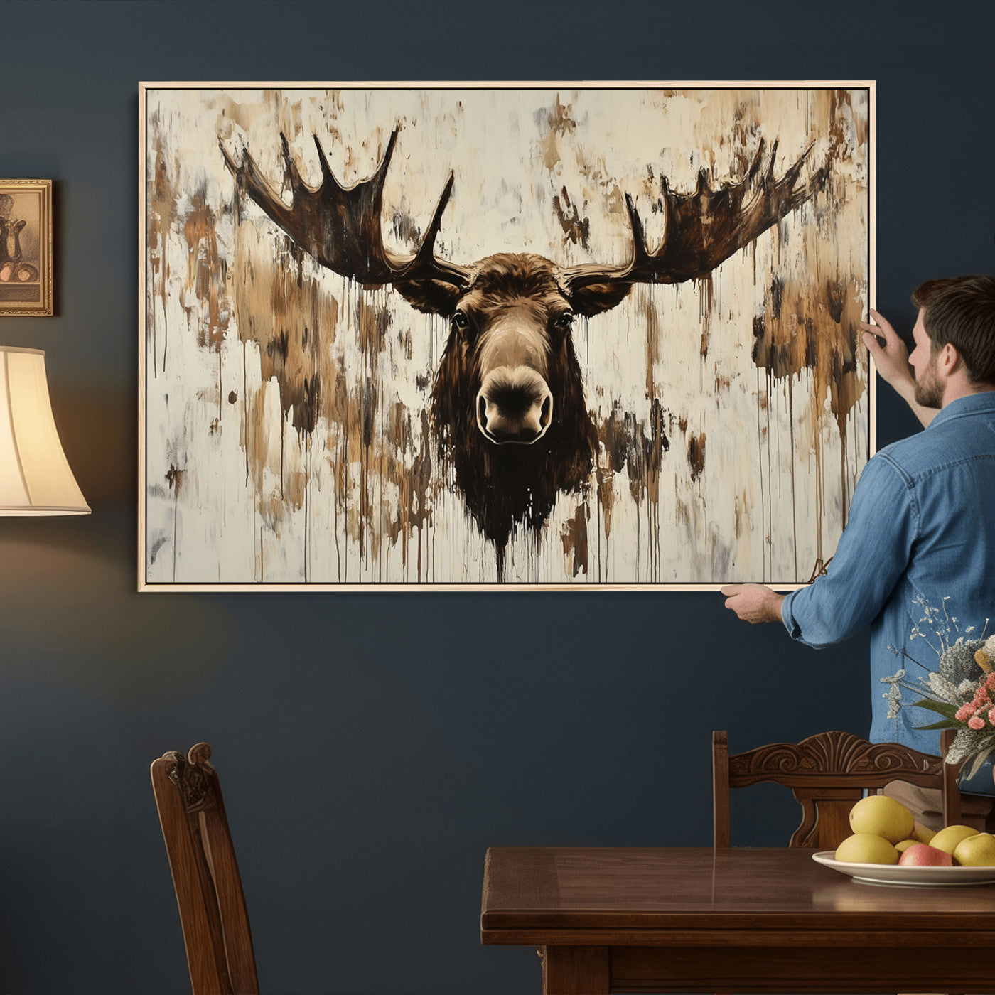 34496536-MGV-CV-36X24 - Powerful Moose Portrait Wall Art – Rich Earthy Tones, Expressive Brushstrokes, Striking Gaze, Raw Nature Vibes Decor for Home or Office