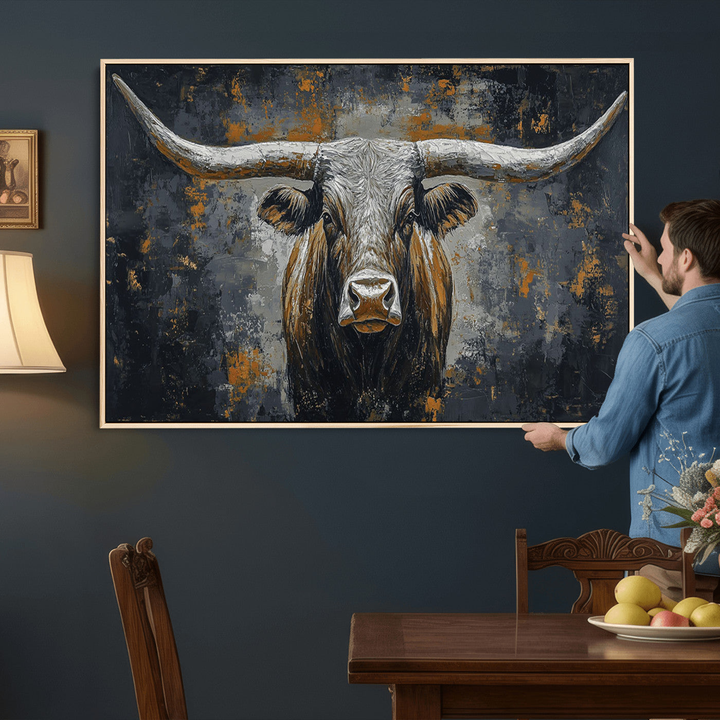 73972561-MGV-CV-36X24 - Bold Bull Wall Art Canvas – Striking Portrait with Wide Horns and Rich Brown Hues, Rustic Farmhouse and Western Decor for Home Room