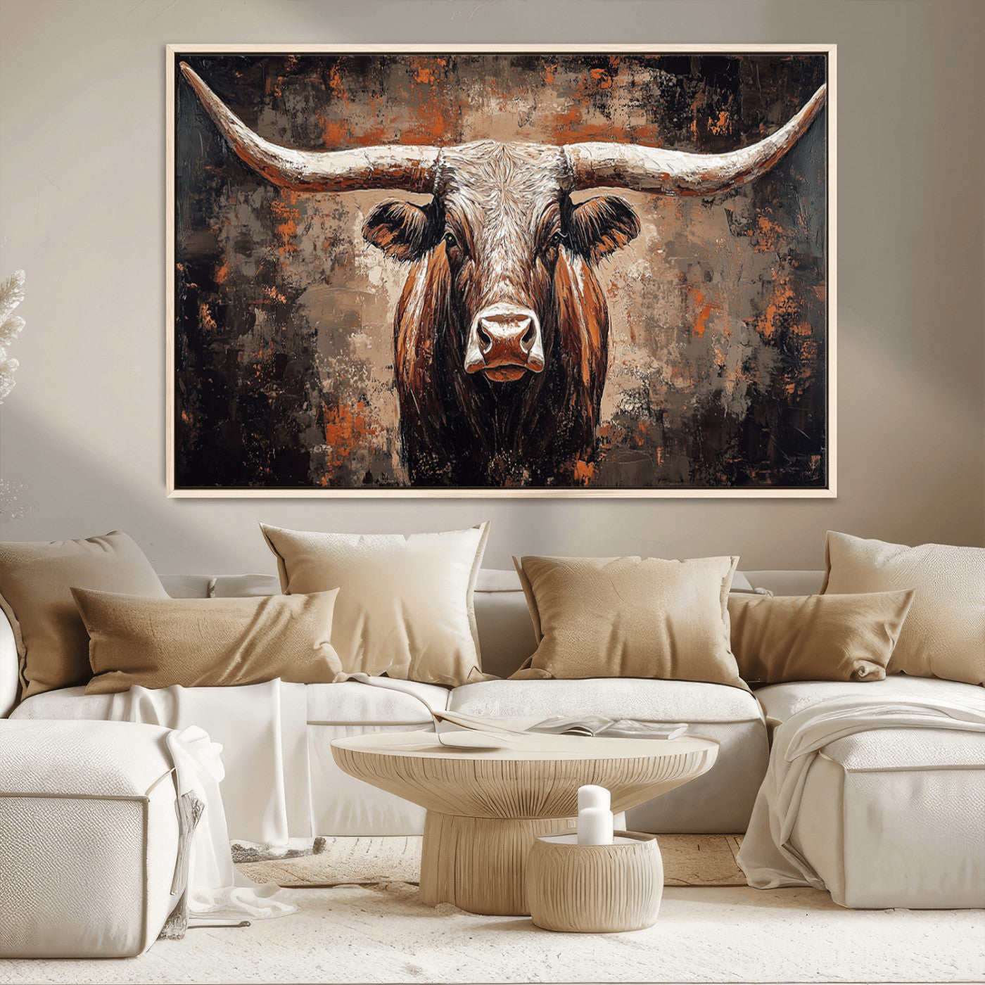 42732393-MGV-CV-36X24-Rustic Longhorn Bull Wall Art Canvas Print – Vintage Western Cattle Painting, Texas Steer Artwork for Ranch, Farmhouse or Cowboy Decor