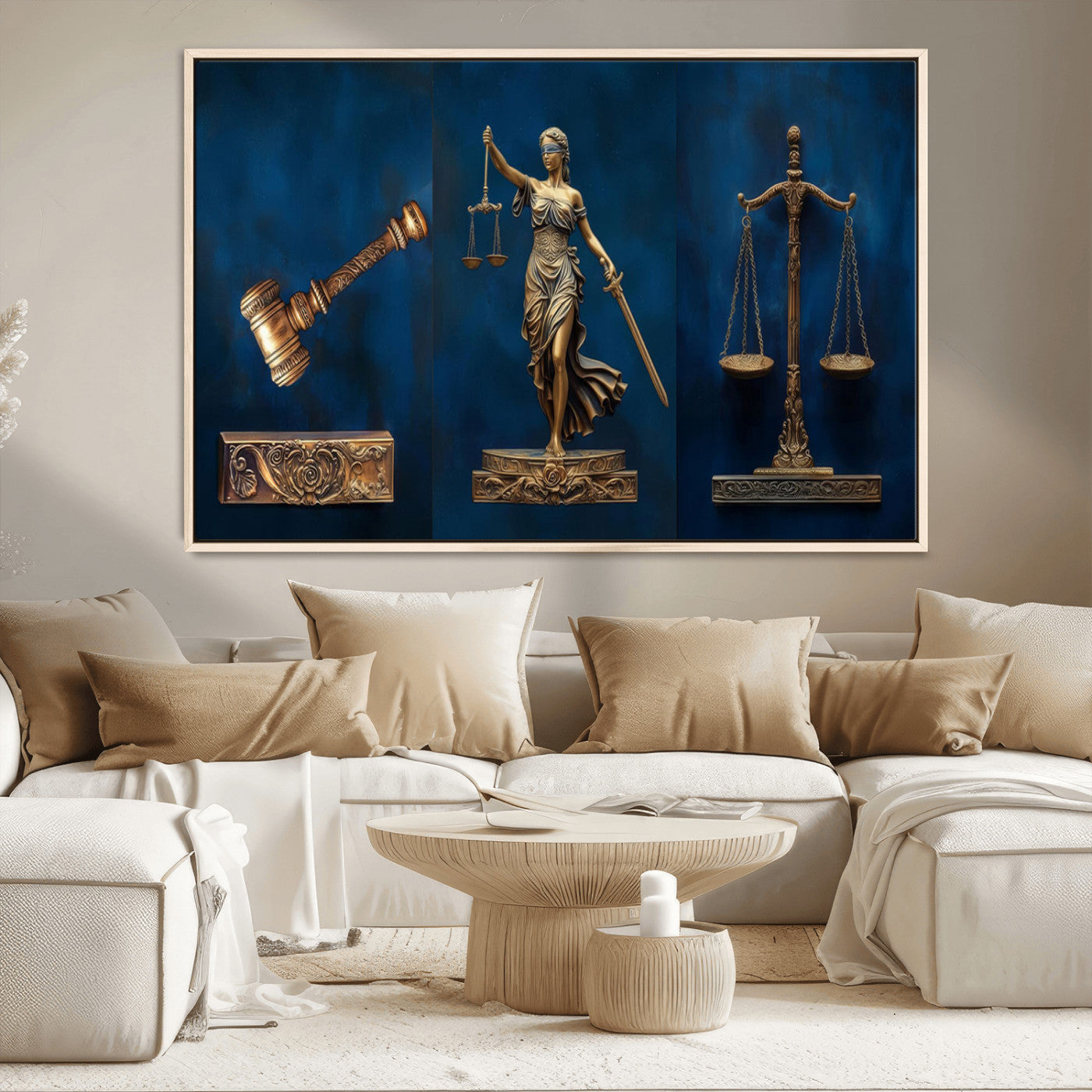 MGV-FC-36X24 - Lady Justice Wall Art Canvas Print – Elegant Gold Legal Symbols on Blue Background, Perfect for Law