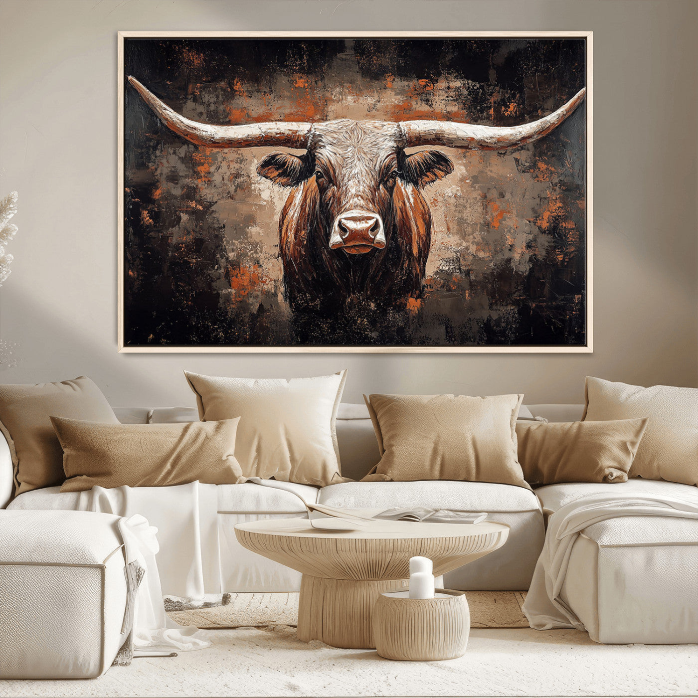 24779067-MGV-CV-36X24-Rustic Longhorn Bull Wall Art Canvas Print – Vintage Western Cattle Painting, Texas Steer Artwork for Ranch, Farmhouse or Cowboy Decor
