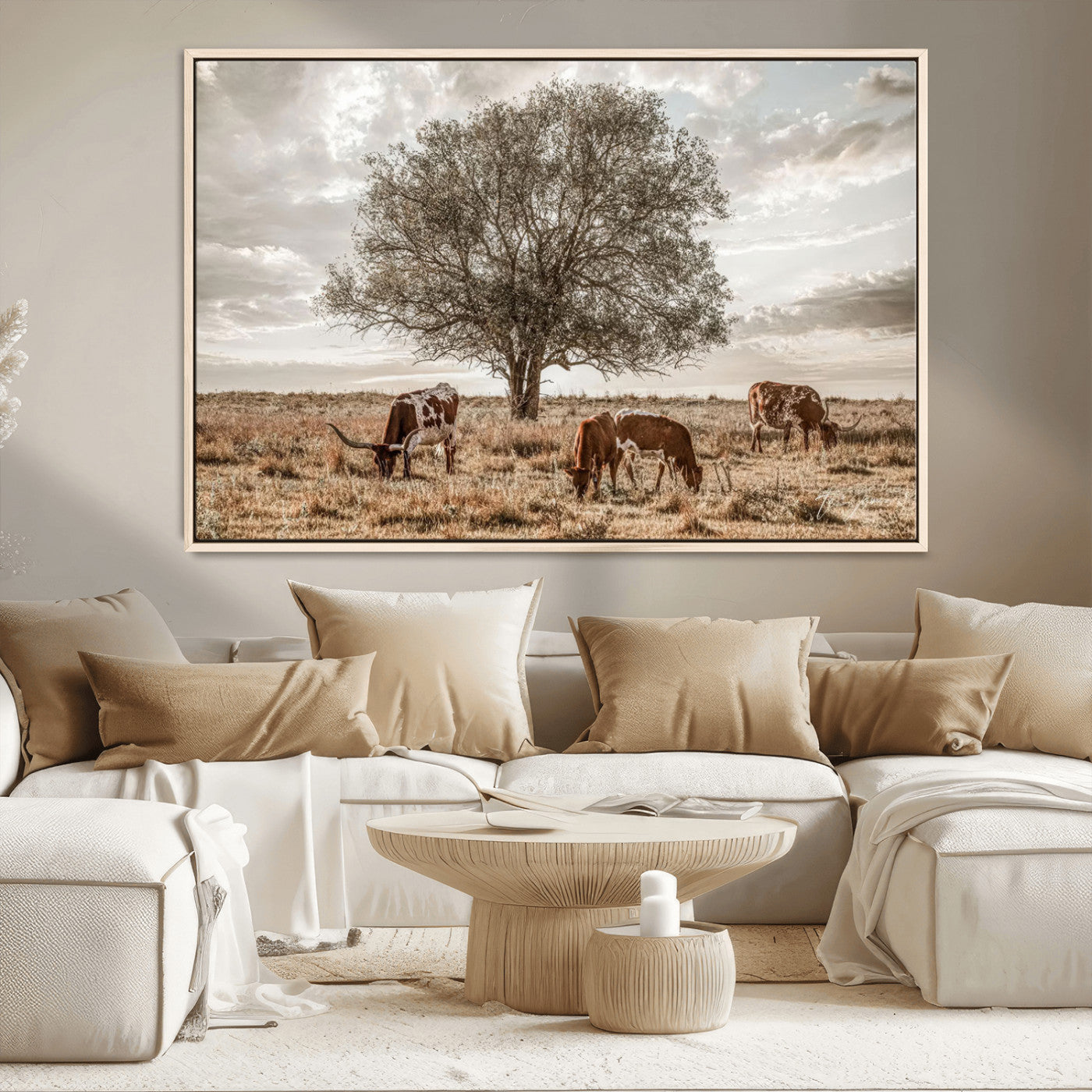 Texas Longhorn Cattle Wall Art Canvas Print – Rustic Western Ranch Scene with Steers at Sunset, Perfect for Farmhouse or Cowboy Decor