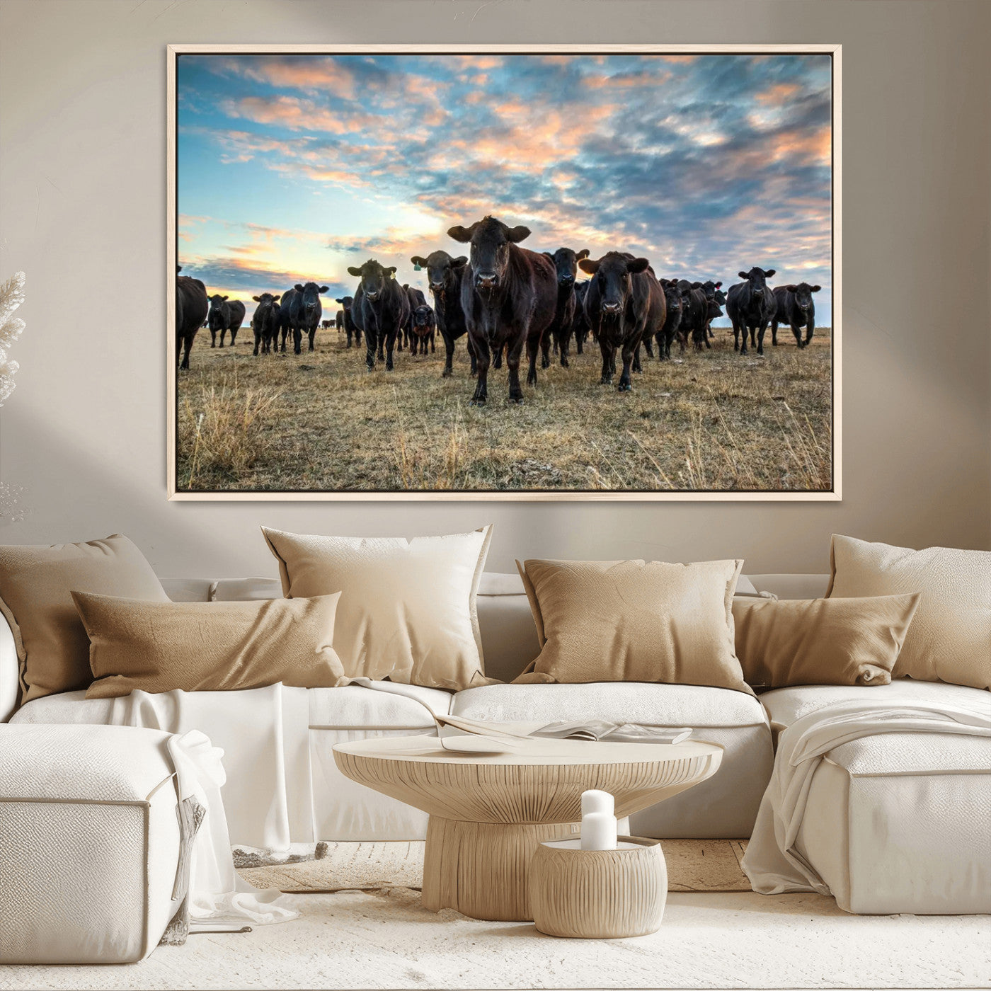 13867292-MGV-CV-36X24-Texas Longhorn Cattle Wall Art Canvas Print – Rustic Western Ranch Scene with Steers at Sunset, Perfect for Farmhouse or Cowboy Decor