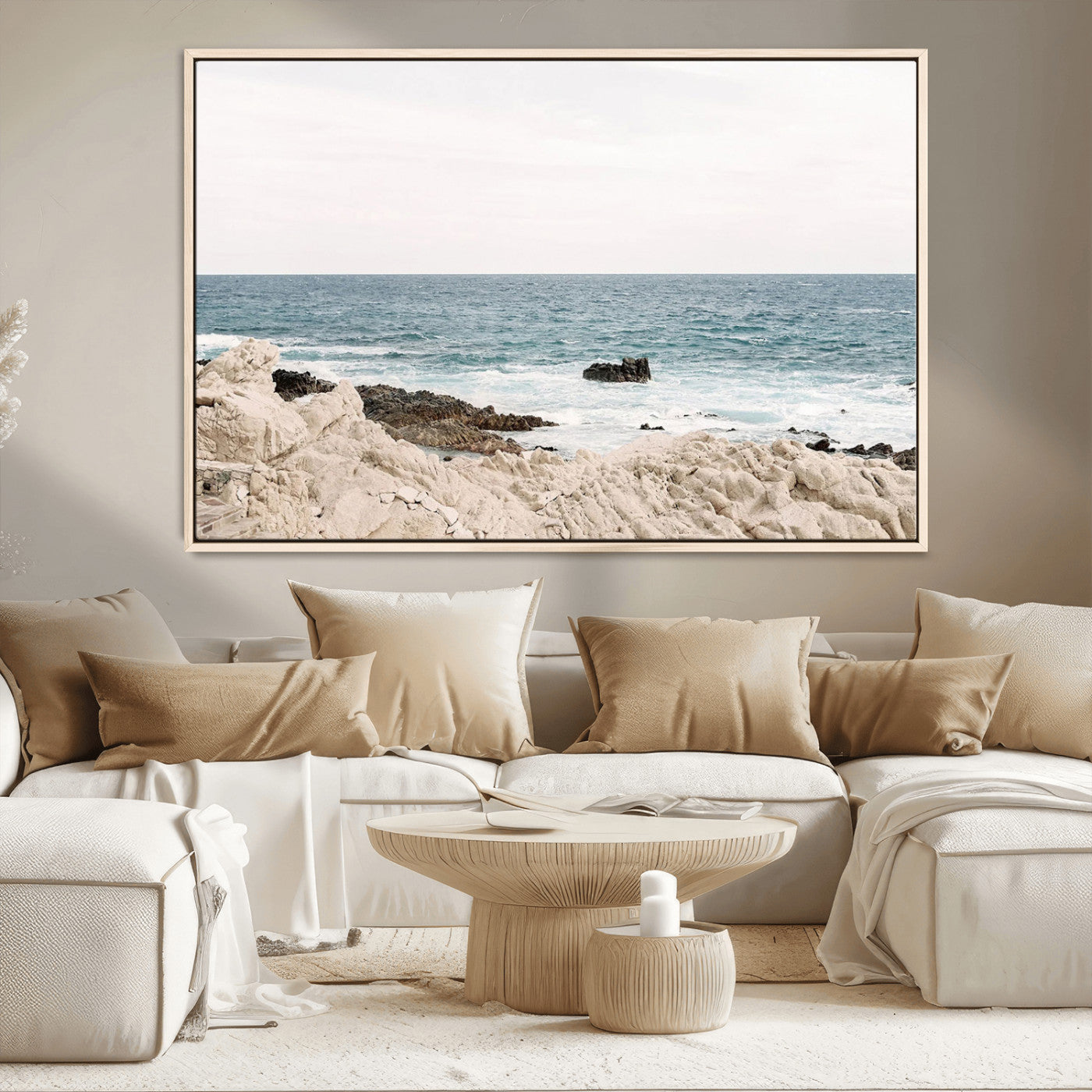 25481980-MGV-CV-36X24-Coastal Ocean View Wall Art Canvas Print – Serene Rocky Shoreline and Blue Sea Photography for Coastal Chic or Minimalist Home Decor
