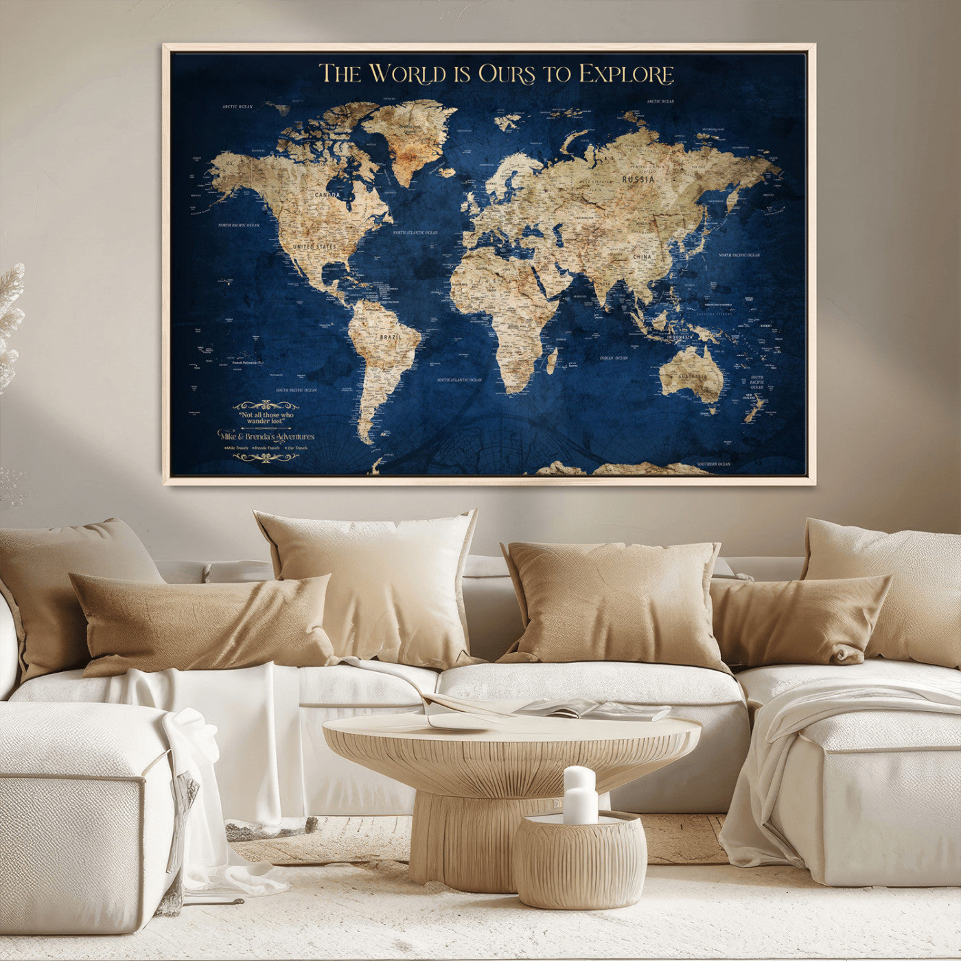 10181149-MGV-CV-36X24-Custom Push Pin World Map Wall Canvas Print – Personalized Travel Tracker with Pins – Framed Large