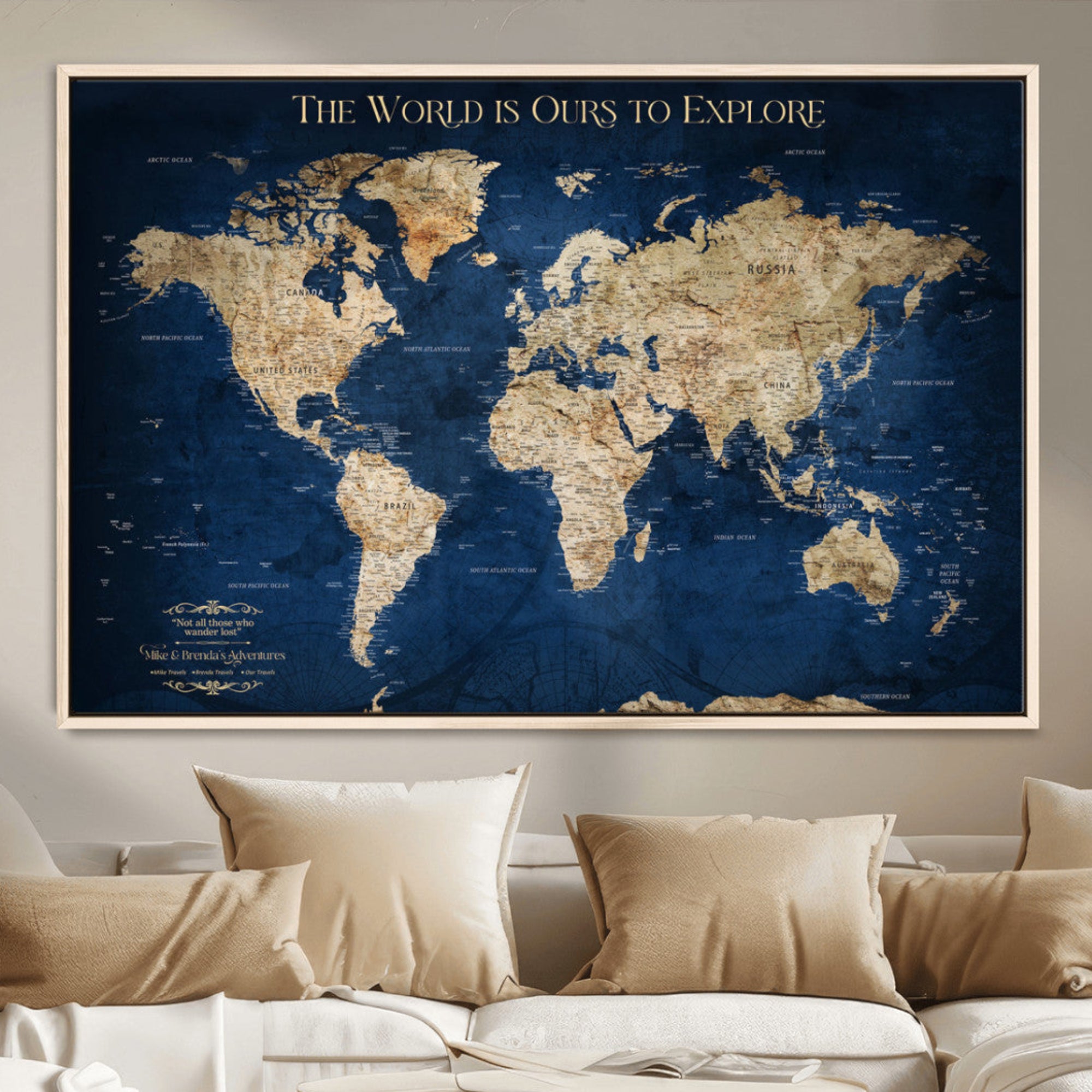 10181149-MGV-CV-36X24-Custom Push Pin World Map Wall Canvas Print – Personalized Travel Tracker with Pins – Framed Large Multi-Size Canvas for Home Office Decor