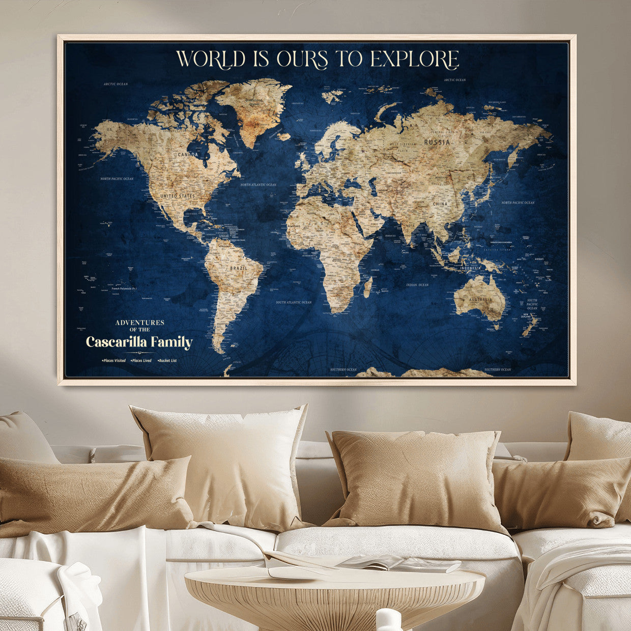 54782997-MGV-FC-36X24 - Personalized Push Pin World Map Canvas Print – Custom Travel Tracker Wall Art, Large World Map Decor for Home, Office