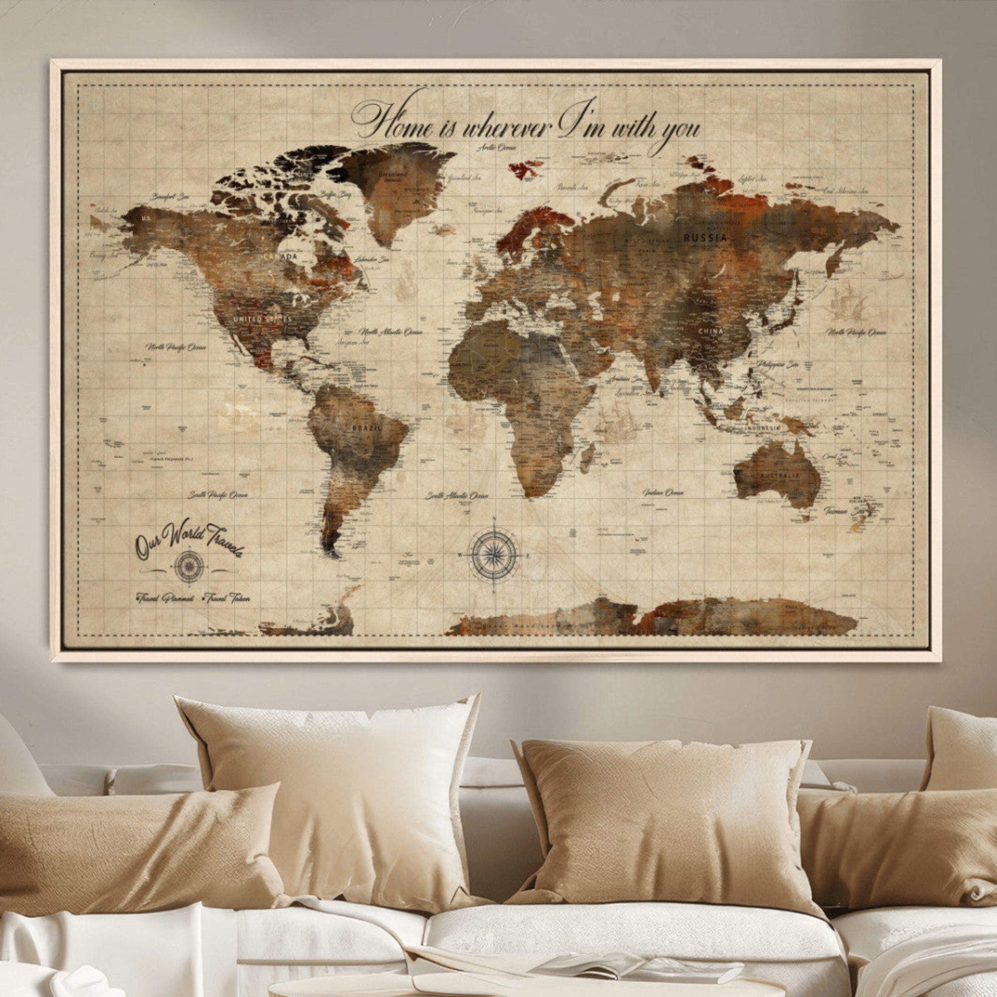 Rehber01-MGV-CV-36X24-Personalized World Map Wall Art – Customizable Push Pin Framed Canvas Print Unique Travel Decor for Home, Office