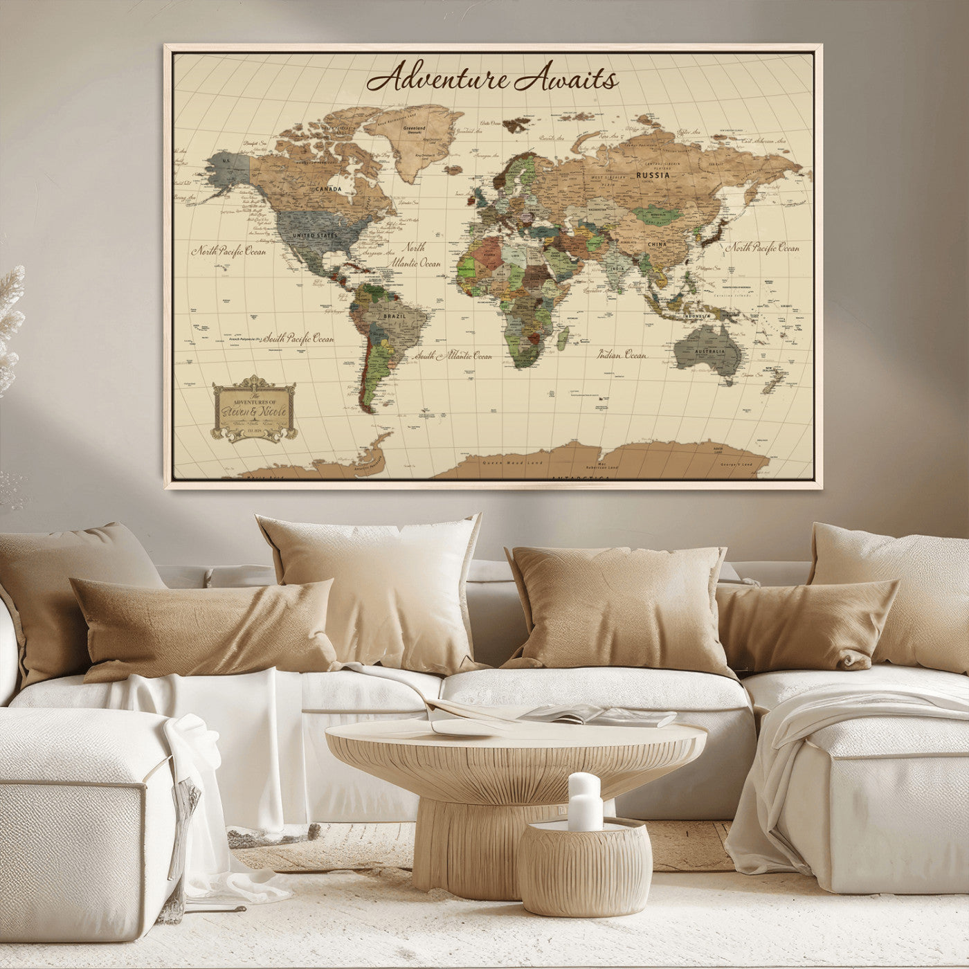 31875069-MGV-CV-36X24-Custom Push Pin World Map Wall Canvas Print – Personalized Travel Tracker with Pins – Framed Custom Quotie Canvas for Home Office Decoration