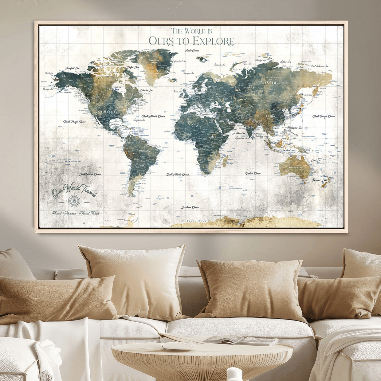 14988581-MGV-FC-36X24 - Custom Push Pin World Map Wall Canvas Print – Personalized Travel Tracker with Pins – Framed Custom Quotie Canvas for Home Office Decor