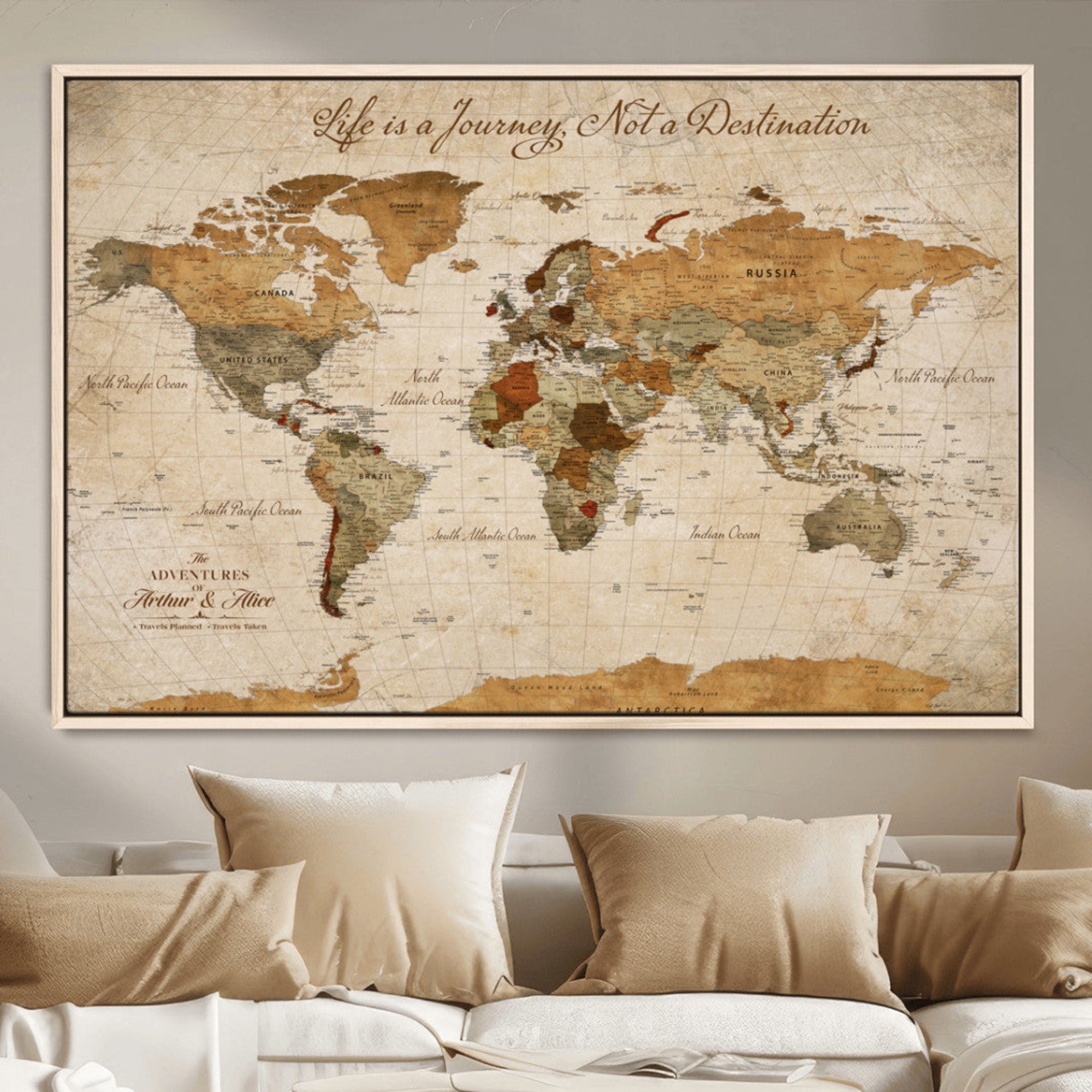 Rehber01-MGV-CV-36X24-Personalized Vintage World Map Canvas – Custom Framed Push Pin Travel Map Wall Art, Rustic Gift for Couples and Travel Lovers