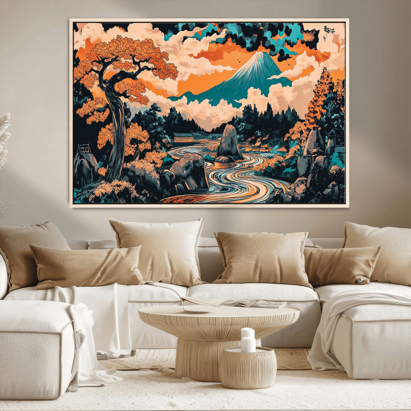A vibrant Japanese-inspired landscape featuring Mount Fuji, a winding river, and autumn-colored trees under a dramatic sky, in bold and vivid hues.