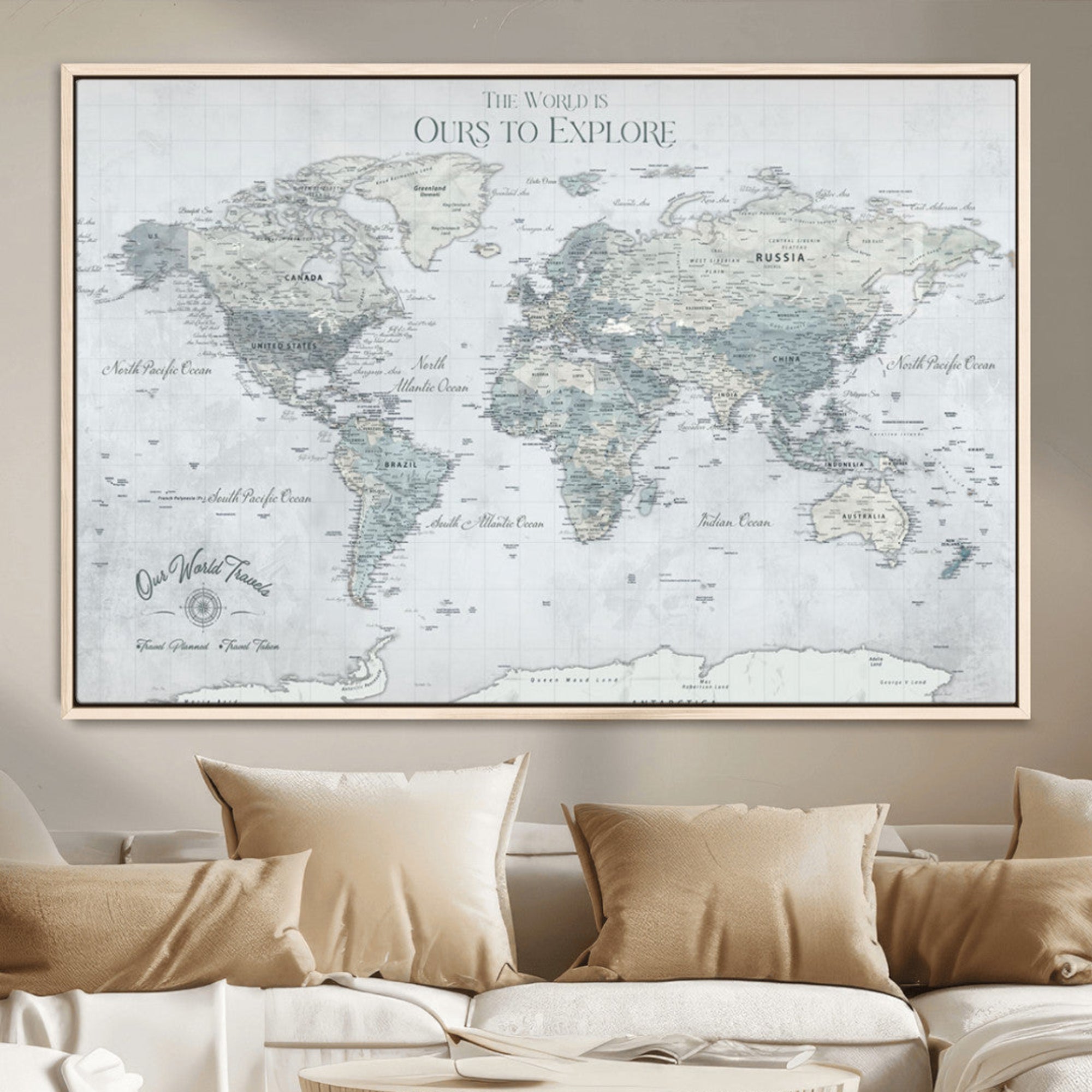 Rehber01-MGV-CV-36X24-Personalized World Map Wall Art – Custom Framed Push Pin Travel Tracker Canvas Print Unique Gift for Home, Office