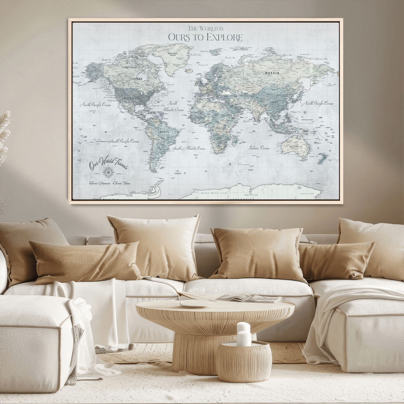 73654056-MGV-FC-36X24 - Personalized Push Pin World Map Canvas Print – Custom Framed Travel Tracker Artwork for Couples or Home Decor