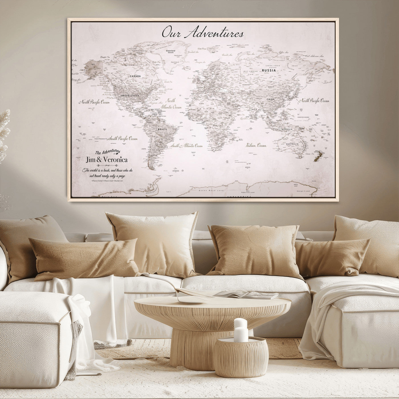 Customize Push Pin World Map Wall Canvas Print – Personalized Travel Map with Foam Pins – Framed Custom Quotie Canvas for Home Office Decor