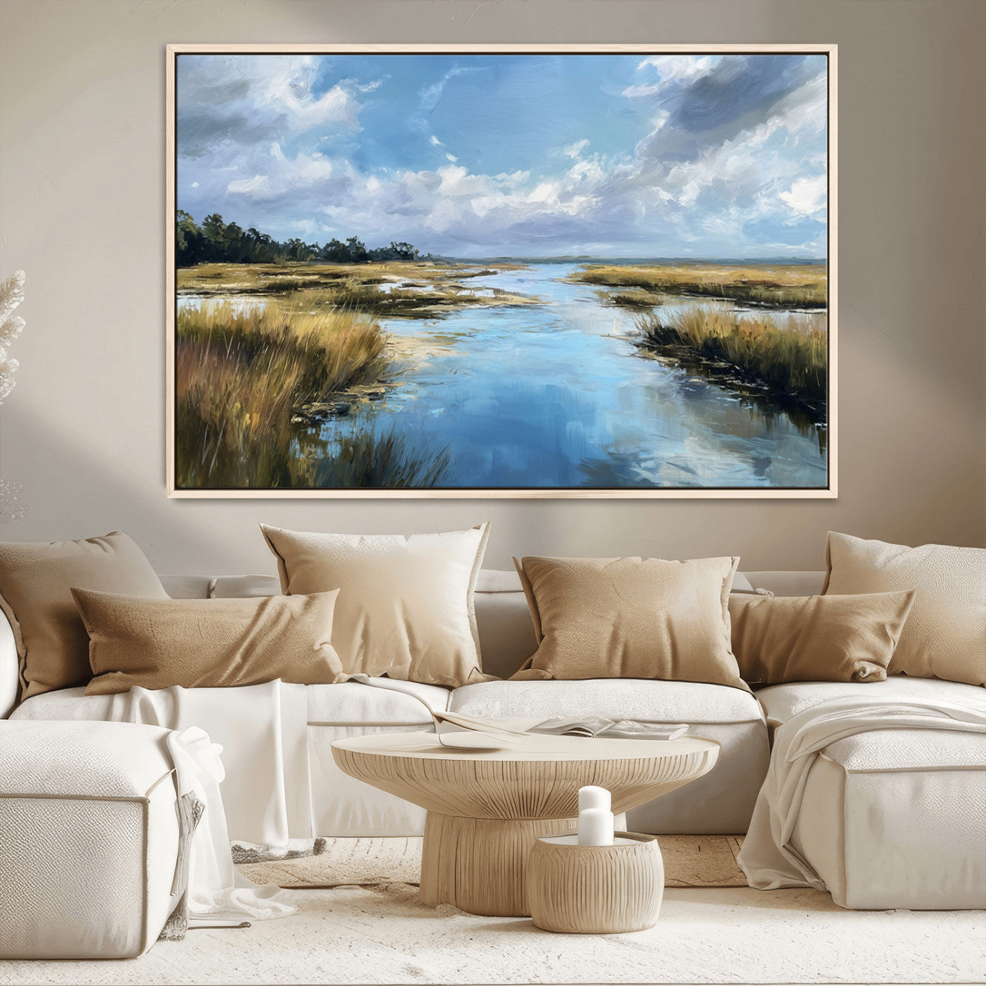 A beautiful, painterly landscape of a calm river winding through a marsh, with vibrant green grasses and a bright blue sky filled with fluffy clouds.