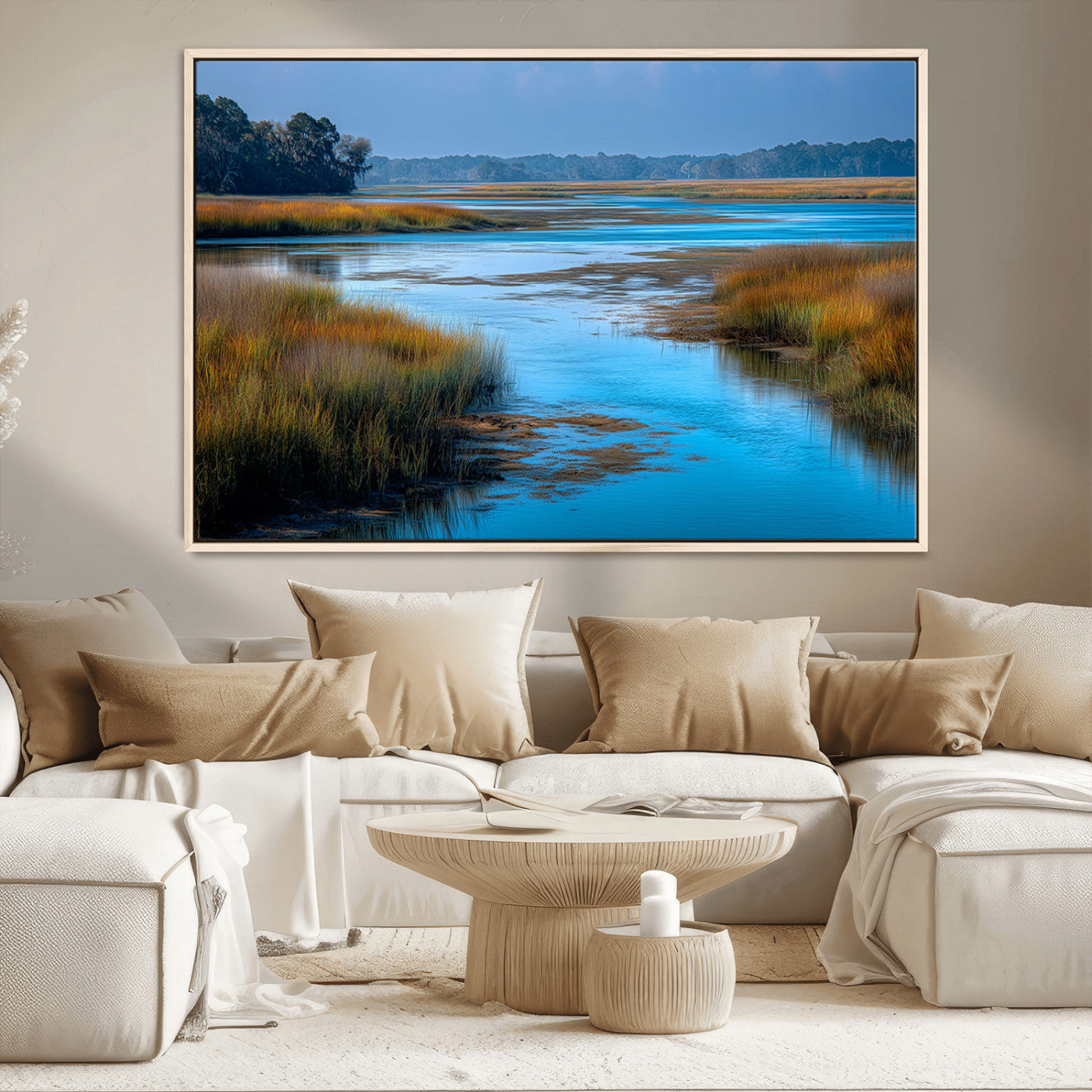 A peaceful marshland scene with calm blue water reflecting the surrounding grasses and trees, capturing the beauty of nature in a serene landscape.