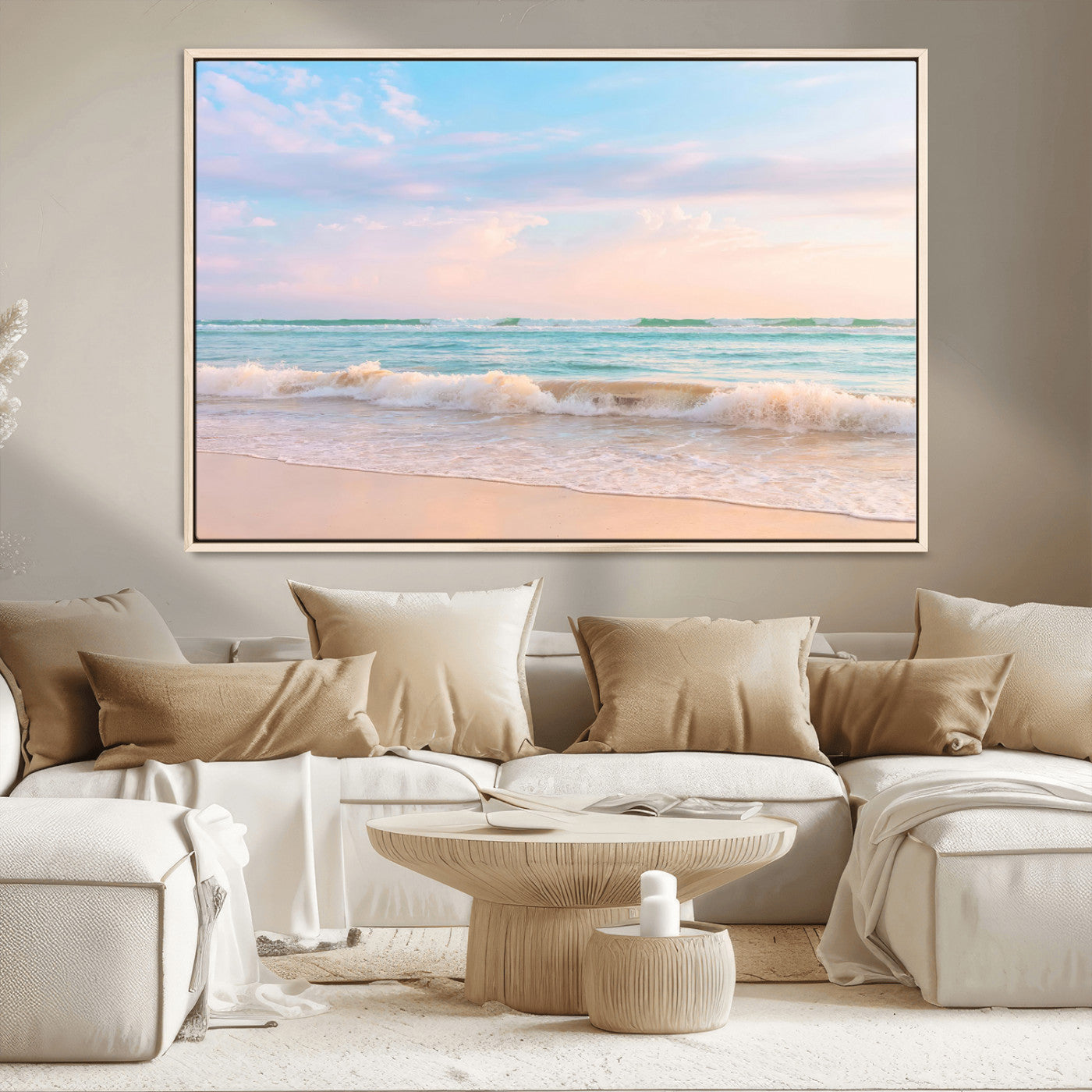 A peaceful beach scene with soft pastel skies, gentle waves washing up on the sandy shore, creating a calm and serene ocean view.