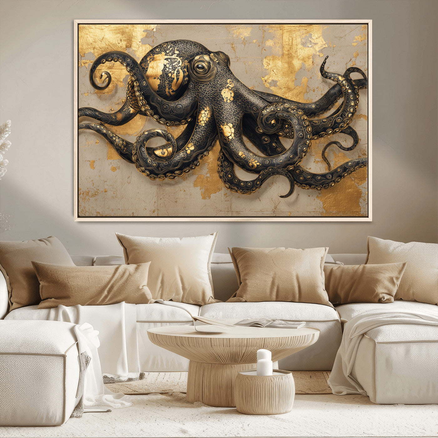 A stunning golden and black illustration of an octopus on a textured background with gold leaf accents, highlighting its intricate tentacles and unique design.